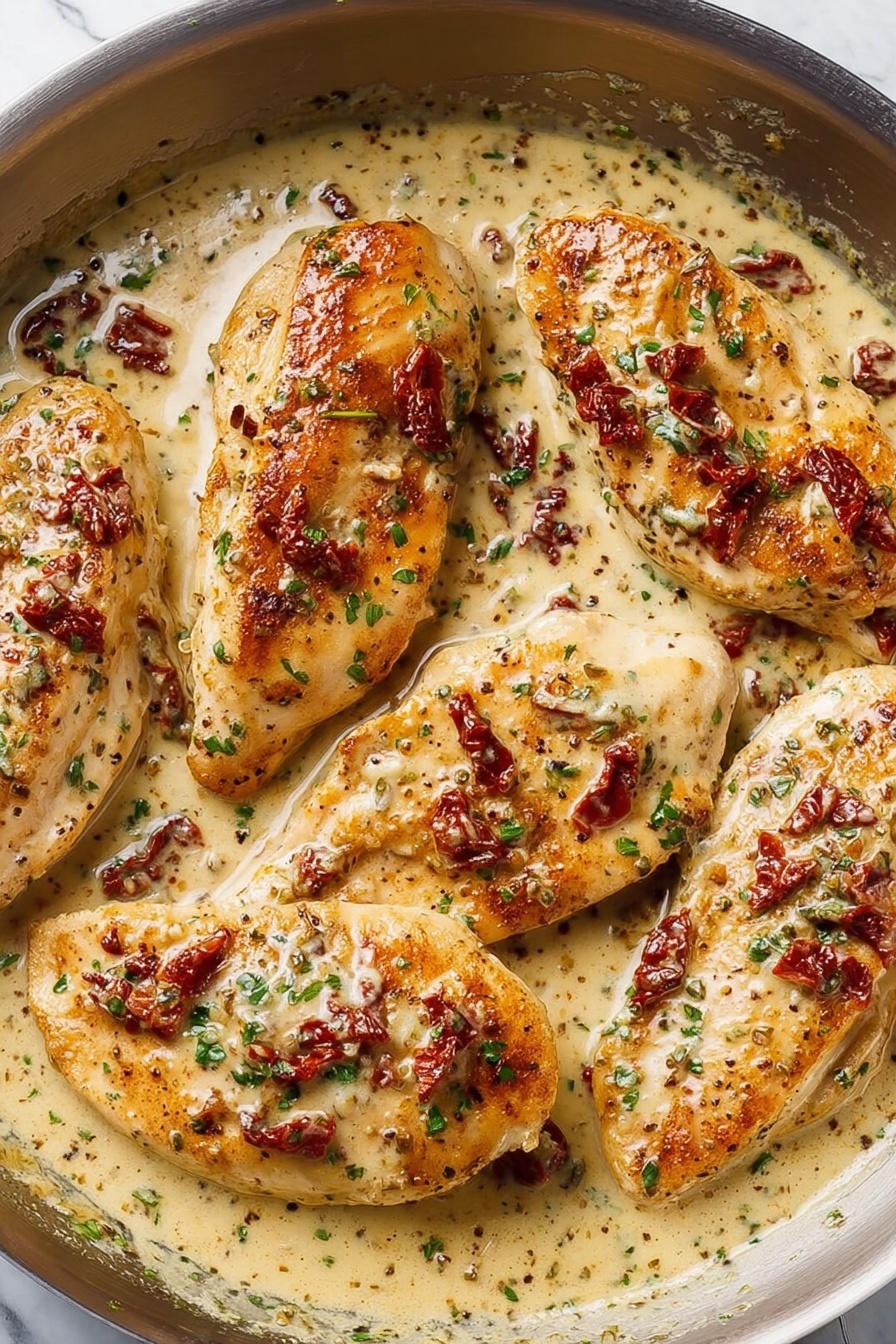 The image shows a close-up of two thick pieces of cooked chicken stacked with creamy sauce on top and around them. The chicken is light brown with a slightly crispy texture on the outside and white inside. The creamy sauce is light yellow with visible chunks of red sun-dried tomatoes and small green herbs mixed in, giving it a rich and textured look. The layers show the thick sauce covering the entire surface of the chicken pieces, with some sauce pooling at the bottom. The background is a white marbled texture. photo taken with an iphone --ar 2:3 --v 7 - Creamy Marry Me Chicken Pasta, easy creamy chicken pasta, romantic chicken pasta, comforting pasta recipes, quick weeknight dinner ideas