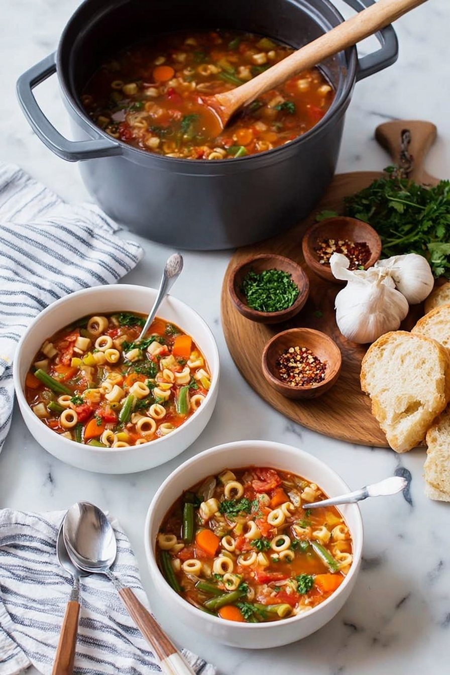 A white bowl and a white cup both filled with a bright orange vegetable soup showing slices of carrots, green beans, small white beans, and small pasta rings, all floating in a clear broth with bits of herbs; a spoon is resting in each bowl. Next to the bowls is a white, round marble surface holding a large pot of the same soup with a wooden spoon lifting some soup and vegetables from it. Around the marble are two white garlic bulbs, a wooden cutting board with chopped green herbs, red chili flakes, fresh green parsley sprigs, and slices of crusty bread next to a bread knife with a wooden handle. A striped cloth is casually placed under the bowls and pot. photo taken with an iphone --ar 2:3 --v 7 - Vegetarian Minestrone Soup, healthy vegetarian soup, hearty vegetable soup, wholesome minestrone recipe, easy vegetarian soup