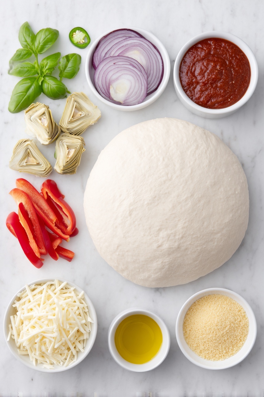Flat lay of a smooth round ball of pizza dough resting next to a small mound of golden cornmeal scattered lightly on the white surface, a small white ceramic bowl filled with vibrant deep red pizza sauce, three small piles of shredded cheese in white ceramic bowls showing creamy white mozzarella, pale yellow Asiago, and slightly crumbly off-white pecorino with large holes visible, thin crescent slices of bright purple-red onion arranged neatly beside glossy slices of roasted red bell peppers, a small cluster of quartered pale green artichoke hearts, thin slices of glossy green jalapeño pepper arranged in a fan shape, a small white ceramic bowl holding clear golden extra-virgin olive oil, a scattering of fresh rich green basil leaves, all ingredients balanced symmetrically and naturally placed on a clean white marble surface, soft natural light, photo taken with an iPhone, professional food photography style, fresh ingredients, white ceramic bowls, no bottles, no duplicates, no utensils, no packaging --ar 2:3 --v 7 --p m7354615311229779997 - Vegetarian Roasted Red Pepper Pizza, vegetarian pizza recipe, roasted red pepper pizza, easy vegetarian pizza, flavorful pizza recipe