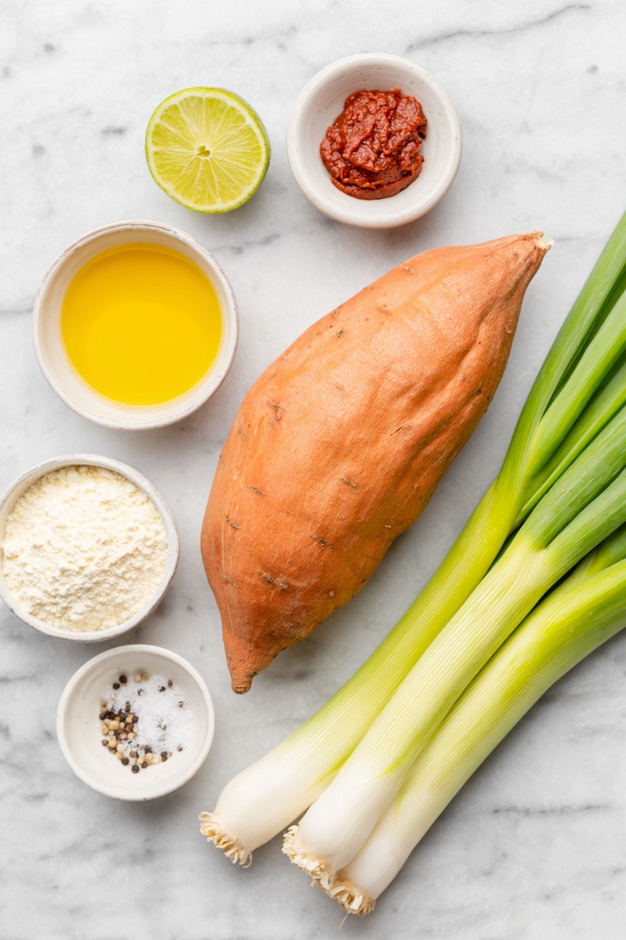 Flat lay of a fresh whole sweet potato with vibrant orange skin, a small heap of fine white cornstarch powder on a simple white ceramic plate, two fresh spring onions with bright white bulbs and green stalks trimmed off, a small white ceramic bowl of golden olive oil, a small white ceramic bowl containing smooth creamy vegan yoghurt, a neat dollop of deep red gochujang paste on a white ceramic dish, a small white ceramic bowl holding amber maple syrup, a halved lime showing its juicy green flesh, a small white ceramic bowl with coarse sea salt crystals, and a small white ceramic bowl filled with freshly ground black pepper, all arranged symmetrically and naturally placed on a clean white marble surface, soft natural light, photo taken with an iPhone, professional food photography style, fresh ingredients, white ceramic bowls, no bottles, no duplicates, no utensils, no packaging --ar 2:3 --v 7 --p m7354615311229779997 - Baked Vegan Sweet Potato Hash Browns, healthy vegan breakfast, vegetarian sweet potato recipes, crispy baked hash browns, plant-based breakfast ideas