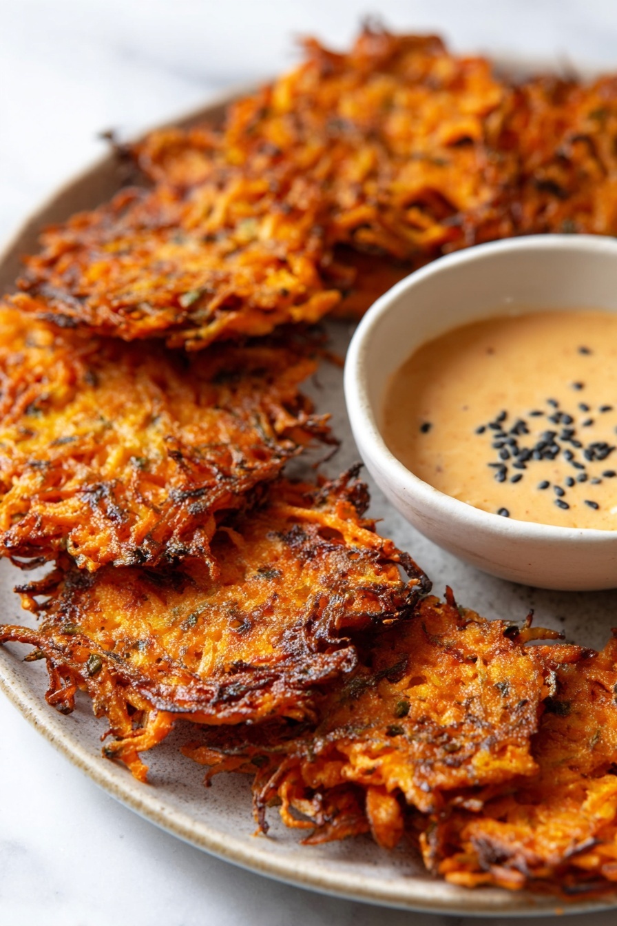 A close-up of a white plate filled with several thin, crispy orange-brown fritters made from shredded vegetables, each one showing a rough, uneven texture with browned edges. Next to the fritters on the plate is a small white bowl filled with a creamy light orange sauce topped with black seeds. The plate sits on a white marbled surface. photo taken with an iphone --ar 2:3 --v 7 - Baked Vegan Sweet Potato Hash Browns, healthy vegan breakfast, vegetarian sweet potato recipes, crispy baked hash browns, plant-based breakfast ideas