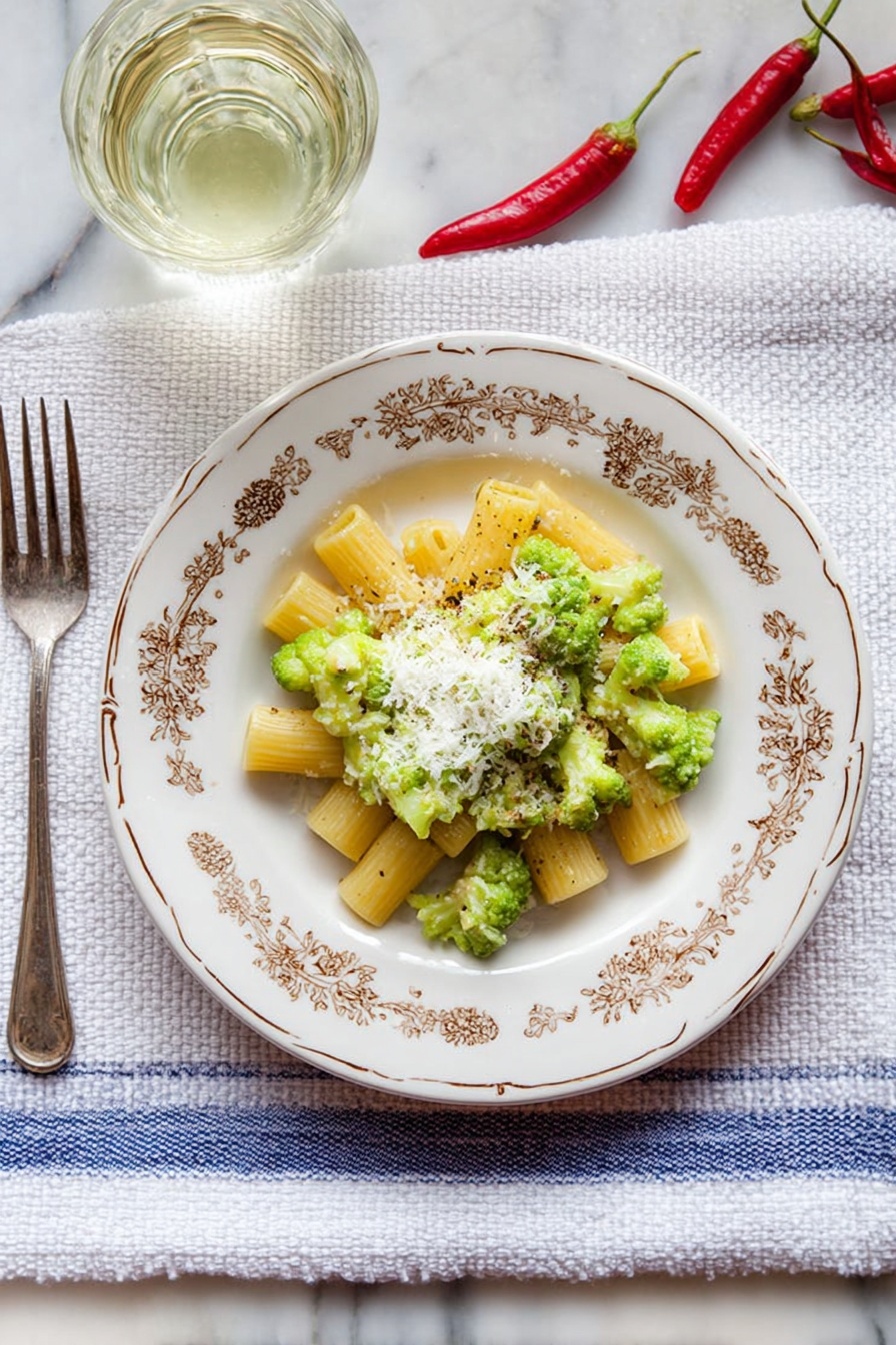 A white plate with a delicate brown floral pattern holds a dish showing two main layers: the bottom layer is yellow pasta tubes arranged in a small mound, and the top layer consists of light green pieces of broccoli or romanesco. On top of the vegetables, there is a small pile of grated white cheese, slightly melting with a sprinkle of black pepper scattered around. The plate is placed on a white textured towel with blue stripes, resting on a white marbled surface. Next to the plate is a silver fork, and above is a glass with a light yellow liquid. Two red chili peppers lie near the top edge of the image. photo taken with an iphone --ar 2:3 --v 7 - Romanesco Broccoli Pasta with Pecorino, Romanesco broccoli pasta, pasta with Romanesco and Pecorino, vegetable pasta recipes, easy Romanesco pasta