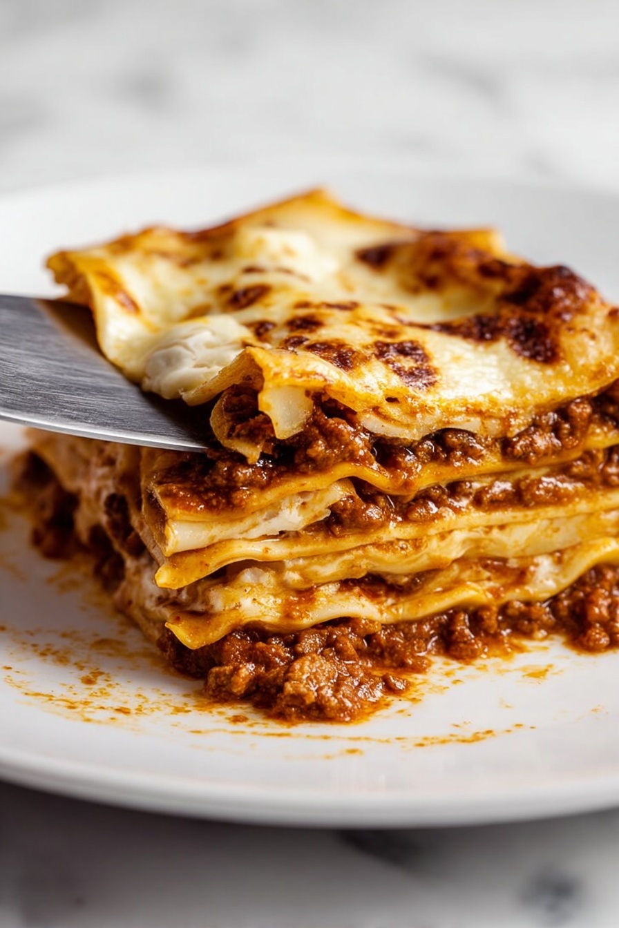A square slice of lasagna with six visible pasta layers stacked closely, separated by thick, rich brown meat sauce and creamy orange tomato sauce, topped with a browned, melted layer of white cheese. The edges of the pasta are slightly crisp and curled. A woman’s hand is holding a fork on the left side of the lasagna, and a knife is cutting into the right side of the slice. The dish is served on a clean white plate with a white marbled surface in the background. photo taken with an iphone --ar 2:3 --v 7 - Ultimate Lasagne Bolognese, homemade lasagne layers, classic Italian lasagne, hearty pasta bake, flavorful Bolognese sauce