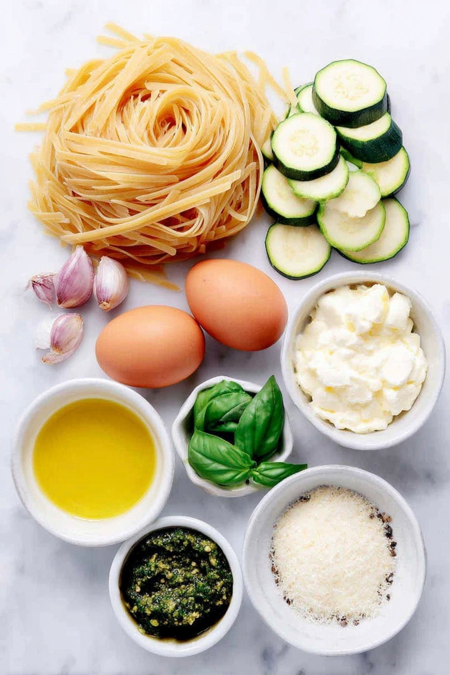 Flat lay of a pound of uncooked spaghetti pasta nestling beside two whole uncracked brown eggs, a small stack of thinly sliced fresh zucchini rounds, a small pile of thinly sliced shallots, a few whole garlic cloves with their papery skin intact, a small white ceramic bowl filled with golden extra virgin olive oil, a small white bowl holding a pat of creamy butter, a small white bowl containing thick heavy cream, a small white bowl with bright green fresh basil leaves, a small white bowl with vibrant green pesto sauce, a small white bowl filled with pale off-white grated Pecorino Romano cheese, and a small white bowl with a mix of coarse salt and freshly ground black pepper, all placed symmetrically on a clean white marble surface, soft natural light, photo taken with an iPhone, professional food photography style, fresh ingredients, white ceramic bowls, no bottles, no duplicates, no utensils, no packaging --ar 2:3 --v 7 --p m7354615311229779997 - Creamy Zucchini Pasta with Basil and Pesto, zucchini pasta recipes, vegetarian creamy pasta, healthy zucchini noodle dishes, basil pesto pasta