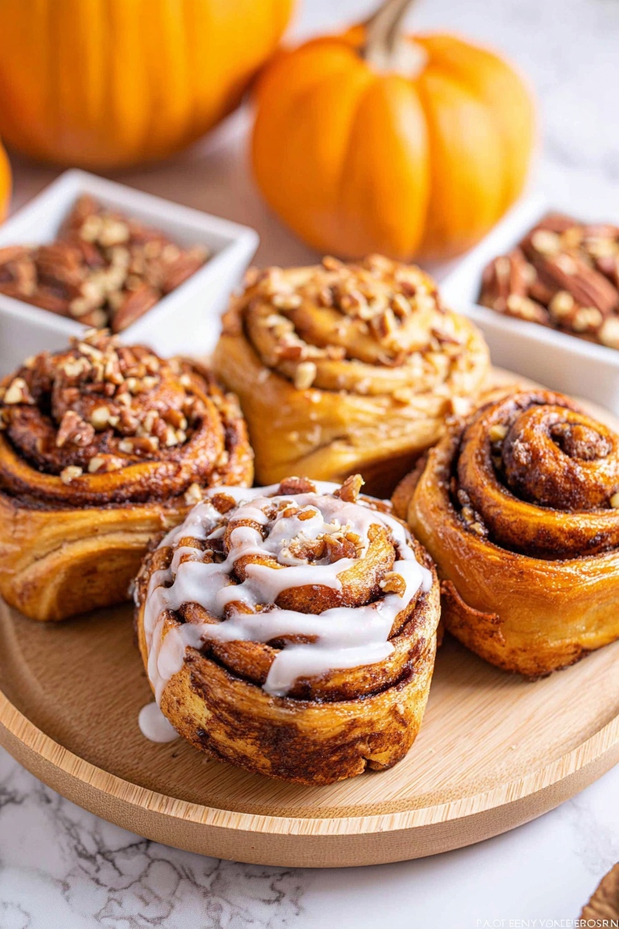 The image shows a black metal muffin tray filled with nine cinnamon rolls. Each roll has multiple layers of golden brown dough swirled with deep brown cinnamon filling. The rolls are topped with a light sprinkle of brown sugar and chopped pecans, adding texture. One indentation in the tray holds a small, white metal cup filled with white icing, with a spoon resting inside. The background surface is white marble. photo taken with an iphone --ar 2:3 --v 7 - Pumpkin Cinnamon Roll Muffins, pumpkin spice muffins, fall pumpkin treats, cinnamon roll muffins, pumpkin dessert recipes