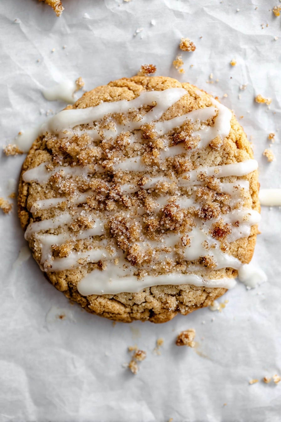 Three round cookies with a light golden brown color sit on a sheet of crinkled parchment paper on a white marbled surface. Each cookie has a crumbly, darker brown layer of streusel on top, scattered unevenly. A thin drizzle of white icing flows loosely over the streusel and cookie tops, adding contrast. One cookie in the foreground has a bite taken out of it, showing a soft, textured inside. Small crumbs are scattered around the cookies on the parchment paper. photo taken with an iphone --ar 2:3 --v 7 - Coffee Cake Cookies with Cinnamon Crumb, cinnamon crumb coffee cake cookies, cinnamon sugar cookie recipe, easy coffee cake cookies, cinnamon glaze cookie recipe