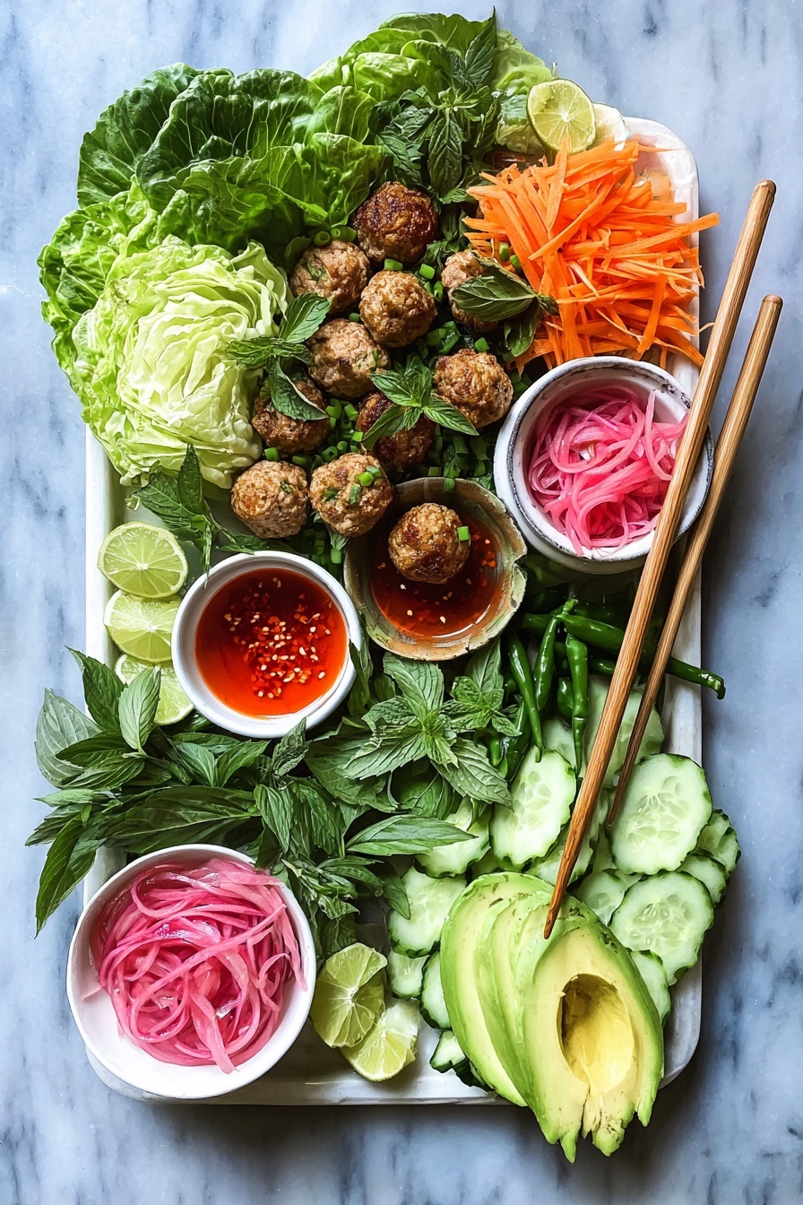 Three white bowls are filled with a clear broth soup containing about six to eight brown meatballs each and bright green baby bok choy pieces with visible stalks and leaves, floating on the surface. The bowls are arranged on a wooden table with a white bowl holding a bright red sauce and a small silver spoon inside it, placed near a set of shiny silver forks and chopsticks. The broth looks light and slightly oily, while the greens add fresh contrast and texture to the dish. photo taken with an iphone --ar 2:3 --v 7 - Asian Chicken Meatballs, Asian Chicken Meatballs Recipe, Healthy Chicken Meatballs, Quick Asian Dinner, Easy Meatball Recipes