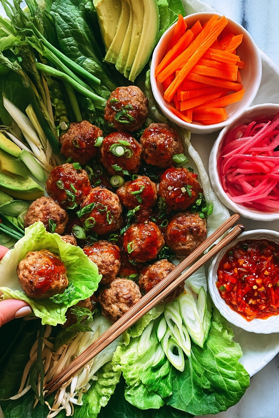 A large white rectangular tray on a white marbled texture background holds an arranged selection of fresh foods. Along the edges are layers of green leafy lettuce, fresh green herbs like mint and basil, sliced green lime wedges, and sliced cucumber with a crunchy texture. The center layer features a pile of small golden-brown meatballs topped with fresh green herbs. There are four small white bowls placed on top: one filled with bright orange thin carrot strips, one with pink pickled onion slices, one with hot red chili sauce, and one with more pink pickled strips. Slices of ripe avocado with smooth green layers form a fan shape near the meatballs, while green chili slices add a sharp green color on one side. Wooden chopsticks rest diagonally on the tray with one end near the avocado and the other end resting on the lettuce. photo taken with an iphone --ar 2:3 --v 7 - Asian Chicken Meatballs, Asian Chicken Meatballs Recipe, Healthy Chicken Meatballs, Quick Asian Dinner, Easy Meatball Recipes