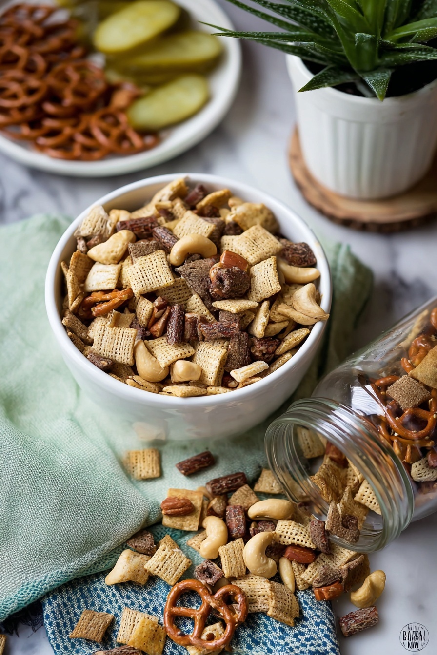 A white bowl filled with a mix of snacks including square light beige crackers, small brown crackers, mini pretzels, and some cashew nuts, showing a textured mix of rough and smooth surfaces. Next to the bowl, a glass jar lies on its side with the same snack mix spilling out onto a pale green cloth with dark blue trim. The snacks scattered show varied colors: light yellows, deep browns, and reddish pretzels. In the background, a white plate with pickles and a white pot with green plant leaves sit on a white marbled surface. Photo taken with an iphone --ar 2:3 --v 7 - Dill Pickle Snack Mix, dill pickle snack mix recipe, tangy snack mix, savory snack mix, easy party snack
