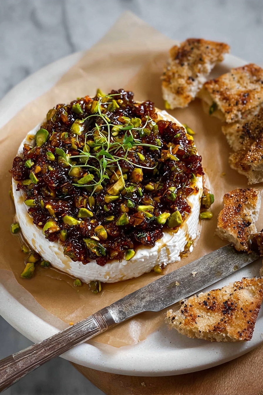 A white round cheese wheel sits on a piece of light brown parchment paper on a white plate with speckles. The cheese has a topping of a chunky mixture of green pistachios, dark brown nuts or dried fruits, and small green herb leaves placed at the center. On the right side of the cheese, some creamy, pale yellow melted cheese is spread with a silver knife resting on the edge of the plate. Surrounding the plate are pieces of flatbread, some browned in spots, and on the lower left side is a smaller white plate with some flatbread pieces spread with melted cheese and the nut topping. Two clear glasses filled with a light-yellow drink and ice are placed on the white marbled surface around the plates. photo taken with an iphone --ar 2:3 --v 7 - Baked Brie with Fig Jam and Pistachios, baked brie appetizer, easy holiday appetizer, gourmet cheese dip, fig jam cheese bake