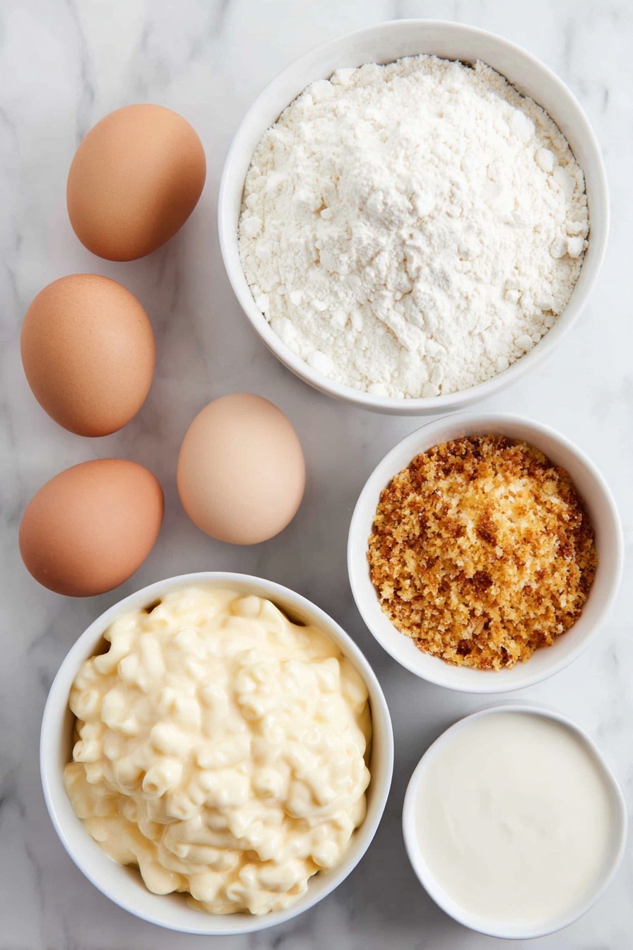 Flat lay of cold creamy macaroni and cheese in a simple white ceramic bowl, a small white ceramic bowl with smooth all-purpose flour, two whole uncracked brown eggs, a small white ceramic bowl filled with golden toasted panko breadcrumbs mixed with a pinch of salt, and a small white ceramic bowl of ranch dressing, all arranged with perfect symmetry and balanced proportions, placed on a clean white marble surface, soft natural light, photo taken with an iPhone, professional food photography style, fresh ingredients, white ceramic bowls, no bottles, no duplicates, no utensils, no packaging --ar 2:3 --v 7 --p m7354615311229779997 - Baked Mac and Cheese Bites, cheesy finger foods, crispy mac and cheese, easy appetizer recipes, snack ideas with leftover mac and cheese