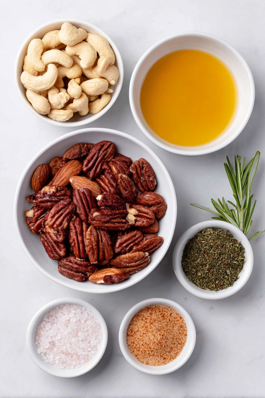 Flat lay of raw mixed nuts including cashews, walnuts, almonds, and pecans in a simple white ceramic bowl, a small white bowl containing golden melted coconut oil, a small white bowl filled with amber real maple syrup, a small white bowl holding light brown soft brown sugar, fresh green rosemary sprigs finely minced in a small white bowl, a small white bowl with coarse sea salt crystals, and a tiny white bowl with bright red chili powder, arranged symmetrically and balanced, placed on a clean white marble surface, soft natural light, photo taken with an iPhone, professional food photography style, fresh ingredients, white ceramic bowls, no bottles, no duplicates, no utensils, no packaging --ar 2:3 --v 7 --p m7354615311229779997 - Rosemary Roasted Mixed Nuts, roasted mixed nuts, flavored nut snacks, rosemary nut recipe, homemade savory nuts