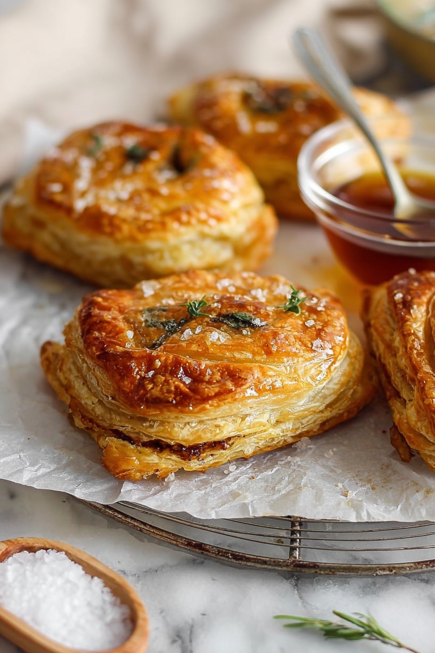 The image shows two golden brown puff pastries on a white marbled surface. One pastry is whole with a crispy, flaky texture and sprinkled with coarse salt and black pepper on top. The other pastry is placed on the whole one and broken open, revealing three thin layers of light golden, airy puff pastry filled with a green mixture of cooked spinach and creamy cheese inside. In the background, two more pastries are blurred out, laid on the same white marbled surface. A small sprig of fresh thyme is visible near the pastries. Photo taken with an iphone --ar 2:3 --v 7 - Vegan Caramelized Onion Spinach Puff Pastry, vegan puff pastry recipes, savory vegan puff pastries, caramelized onion vegan appetizer, spinach vegan pastry ideas