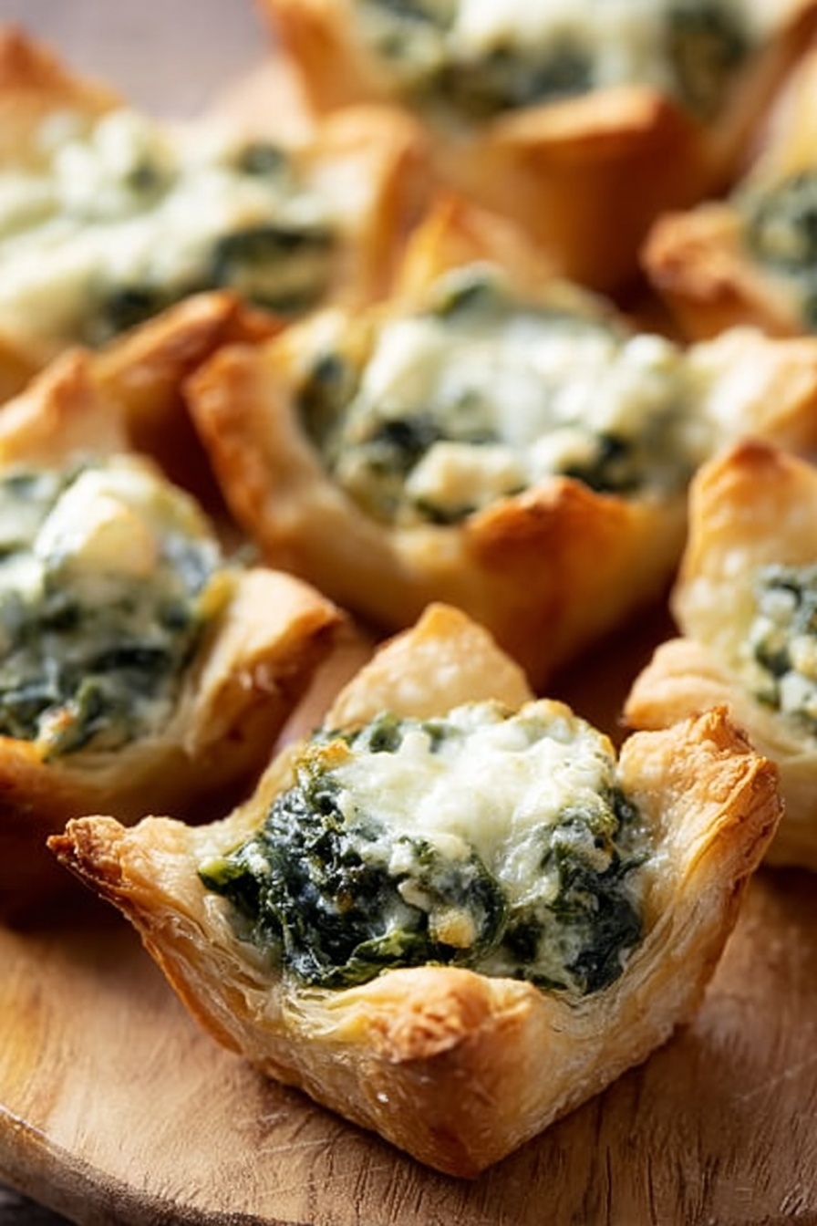 A woman's hand is holding a small tart with a golden brown, flaky crust that curves slightly outward at the edges. Inside the tart, there is a thick layer of creamy white cheese mixed with finely chopped green herbs, giving a textured and fresh look. In the background, more of these tarts are spread out, slightly blurred, resting on a white marbled surface. The image is close up, focusing on the detailed filling and crust texture, with soft natural lighting highlighting the colors. photo taken with an iphone --ar 2:3 --v 7 - Spinach Artichoke Bites, spinach artichoke appetizer, cheesy spinach bites, quick party snacks, easy spinach artichoke snacks