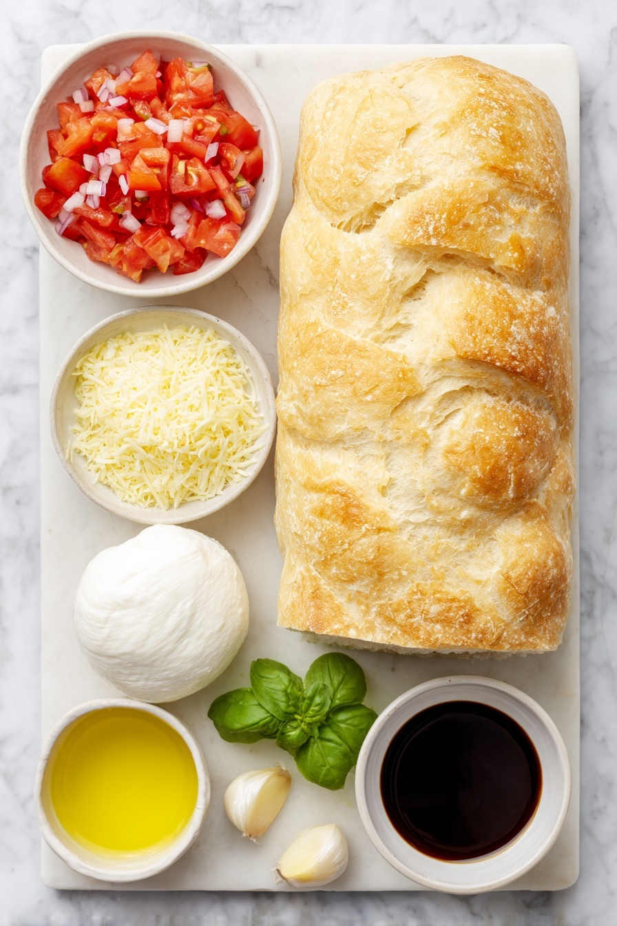 Flat lay of a small crusty loaf of ciabatta bread with a golden-brown crust sliced into thick pieces, a ball of fresh white mozzarella cheese with smooth texture, a small mound of finely grated pale yellow Parmesan cheese on a white ceramic plate, a handful of vibrant red diced tomatoes in a white ceramic bowl, a small portion of finely chopped deep purple-red onion in a white ceramic bowl, a few bright green fresh basil leaves loosely piled, a single peeled garlic clove with smooth white skin, a small white bowl filled with golden extra virgin olive oil, and a small white bowl containing glossy dark brown balsamic glaze, all arranged symmetrically on a clean white marble surface, soft natural light, photo taken with an iPhone, professional food photography style, fresh ingredients, white ceramic bowls, no bottles, no duplicates, no utensils, no packaging --ar 2:3 --v 7 --p m7354615311229779997 - Bruschetta Grilled Cheese Sandwiches, Italian-inspired grilled cheese, easy gourmet sandwich recipe, fresh tomato basil grilled cheese, quick dinner ideas