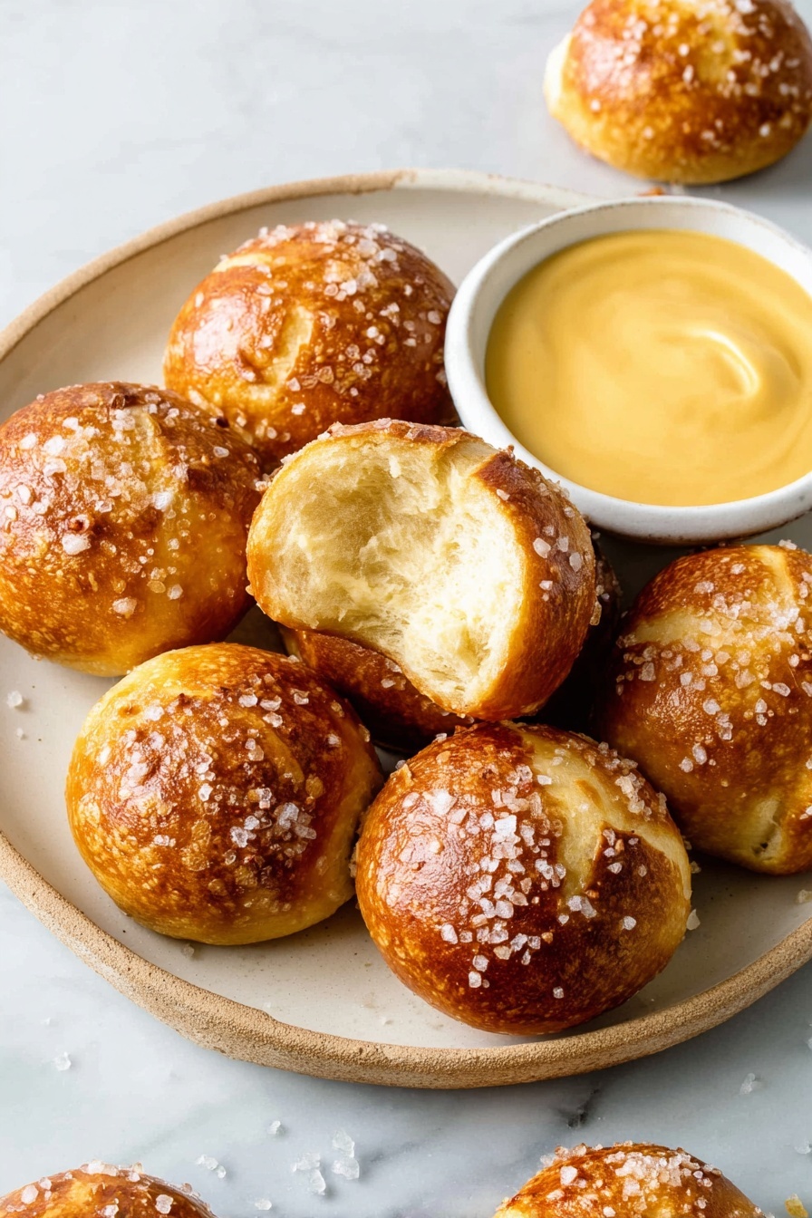 A white round plate with seven small, round pretzel bites that are golden brown with a shiny crust sprinkled with coarse salt. One pretzel bite is broken open in the center showing a soft, light yellow inside. Next to the pretzels, on the right side of the plate, there is a small white bowl filled with smooth, creamy yellow mustard. The plate is placed on a white marbled surface, and a few more pretzel bites are scattered around the plate. Photo taken with an iphone --ar 2:3 --v 7 - Cheddar Cheese Pretzel Bites, cheesy pretzel snacks, homemade pretzel bites, savory cheese snacks, easy pretzel bites recipe