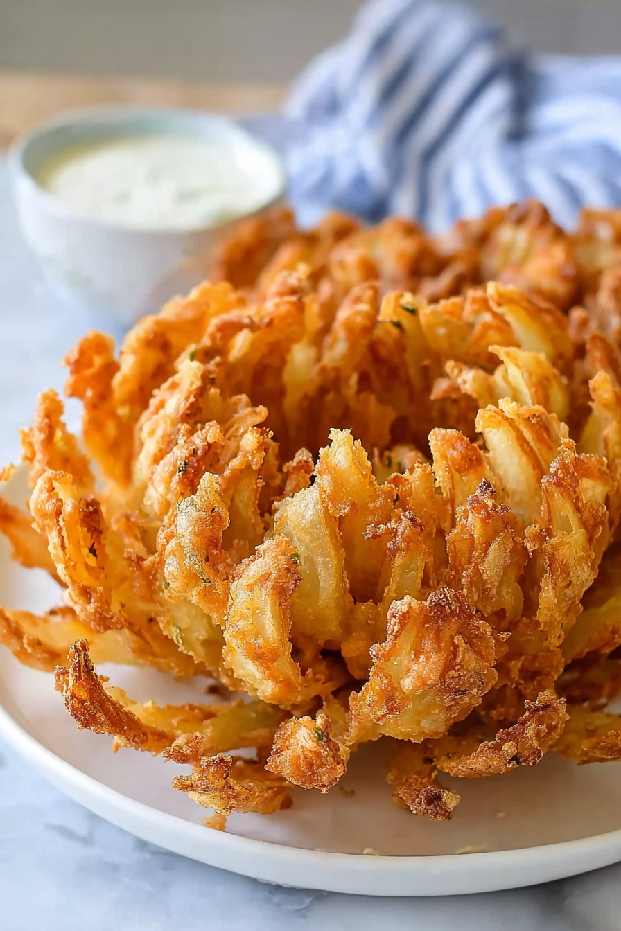 The image shows a close-up view of a golden brown fried blooming onion on a white plate. The onion is cut into many thick petal-like pieces that fan out, with each petal coated in a crispy, crunchy textured batter showing small bits and an uneven surface. The center of the onion is tightly layered with the petals gradually opening outward, giving a flower-like shape. In the background, there is a small white bowl with a creamy white dipping sauce. The setting is on a white marbled surface with a soft blue and white striped cloth blurred behind. Photo taken with an iphone --ar 2:3 --v 7 - Homemade Blooming Onion, crispy blooming onion recipe, easy onion appetizer, homemade onion petals, spicy dipping sauce