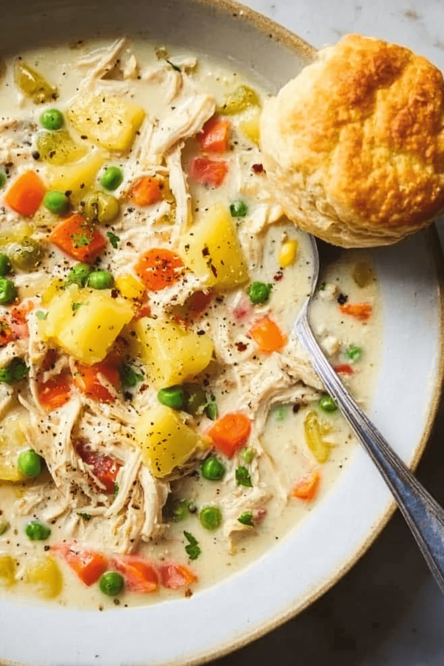 The image shows a white plate on a white marbled surface filled with a creamy soup. The soup has shredded chicken pieces mixed with bright orange carrot cubes, yellow potato chunks, and green peas scattered throughout. On the side of the plate, there is a golden-brown biscuit with a slightly cracked top, sitting close to the soup. A silver spoon is placed inside the soup near the edge of the plate, and some black pepper is sprinkled on top of the soup for garnish. photo taken with an iphone --ar 2:3 --v 7 - Slow Cooker Chicken Pot Pie Soup, Chicken Pot Pie Soup Recipe, Easy Chicken Soup,Comforting Slow Cooker Meals, Creamy Chicken Soup