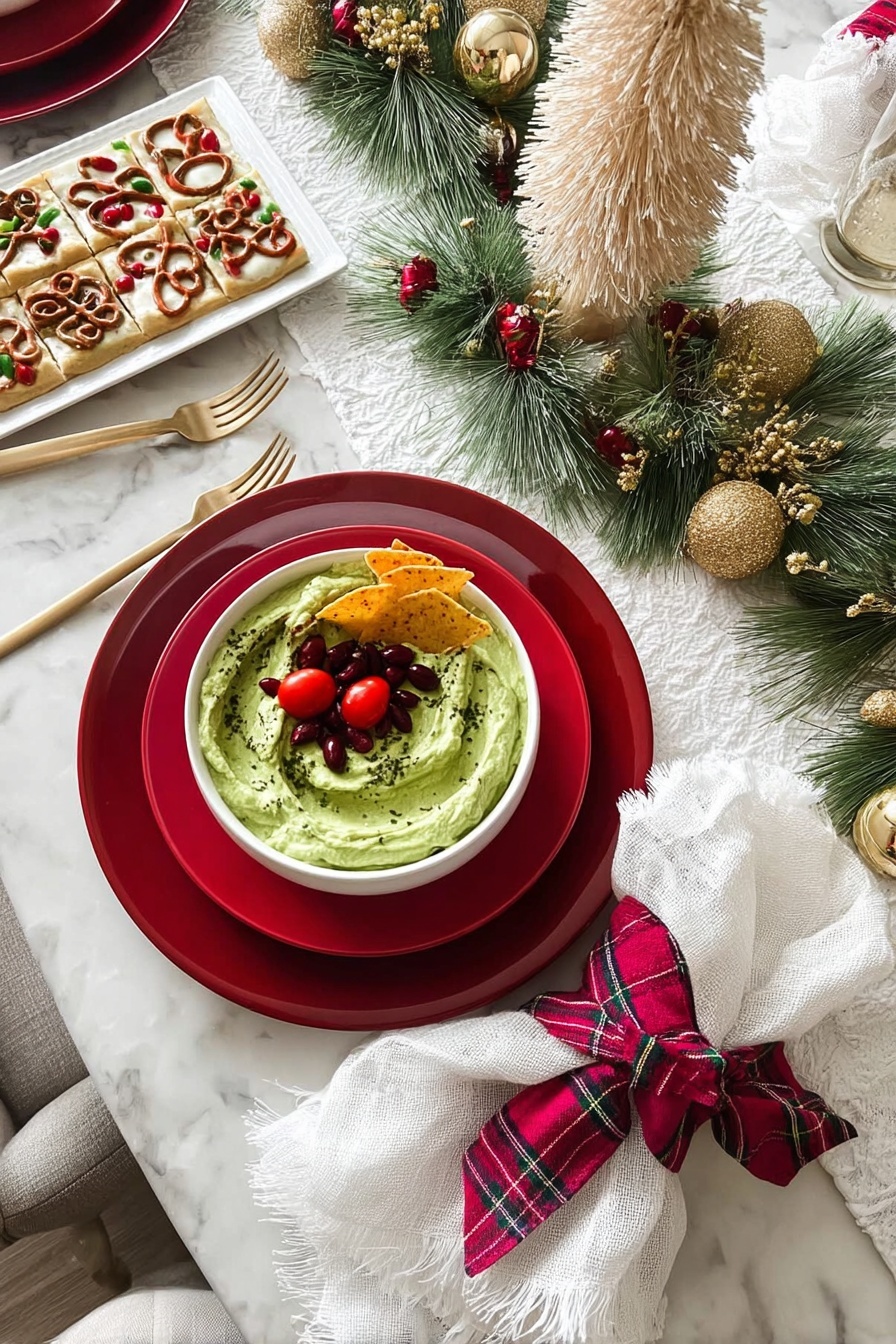 A white bowl filled with a creamy green dip topped with a few golden tortilla chips placed in the center; around the chips, there are several small bright red cherry tomatoes and scattered dark red pomegranate seeds on the green base; the dip texture looks smooth with some swirled areas. Next to the bowl is a place setting with two stacked red plates, a white napkin with frayed edges wrapped by a red and pink plaid fabric ring laying on the plates, and a gold fork to the left of the plates. The table has a white marbled surface with a white cloth runner adorned with green pine branches and red berries, and decorative golden balls are placed along the runner. In the background, a white plate holds square treats decorated with pretzels and red candies. A cream-colored bottle brush tree stands near the center. Photo taken with an iphone --ar 2:3 --v 7 - Festive Guacamole with Pomegranate and Tomatoes, holiday guacamole, colorful holiday dip, quick festive appetizer, easy party guacamole