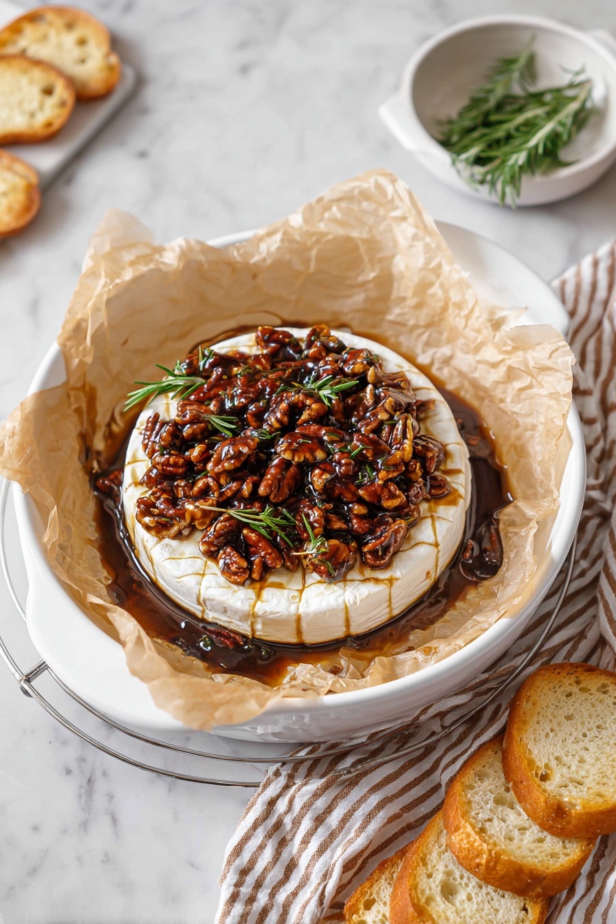 A white round cheese wheel sits in the center of a white round dish lined with crumpled beige parchment paper; the cheese has light grid marks on the top layer. On top of the cheese is a thick layer of toasted pecans, coated in a shiny dark caramel sauce. Small green rosemary leaves are sprinkled over the nuts and cheese, adding color contrast. Dark caramel sauce pools around the base of the cheese on the parchment paper. The dish is placed on a white marbled surface with a striped brown and white cloth to the right and a small white bowl with fresh rosemary sprigs above. Below the dish, three golden toasted slices of bread rest on a metal cooling rack. photo taken with an iphone --ar 2:3 --v 7 - Maple Pecan Baked Brie appetizer, baked brie with maple pecans, fall cheese appetizer ideas, easy festive appetizers, gourmet brie recipes