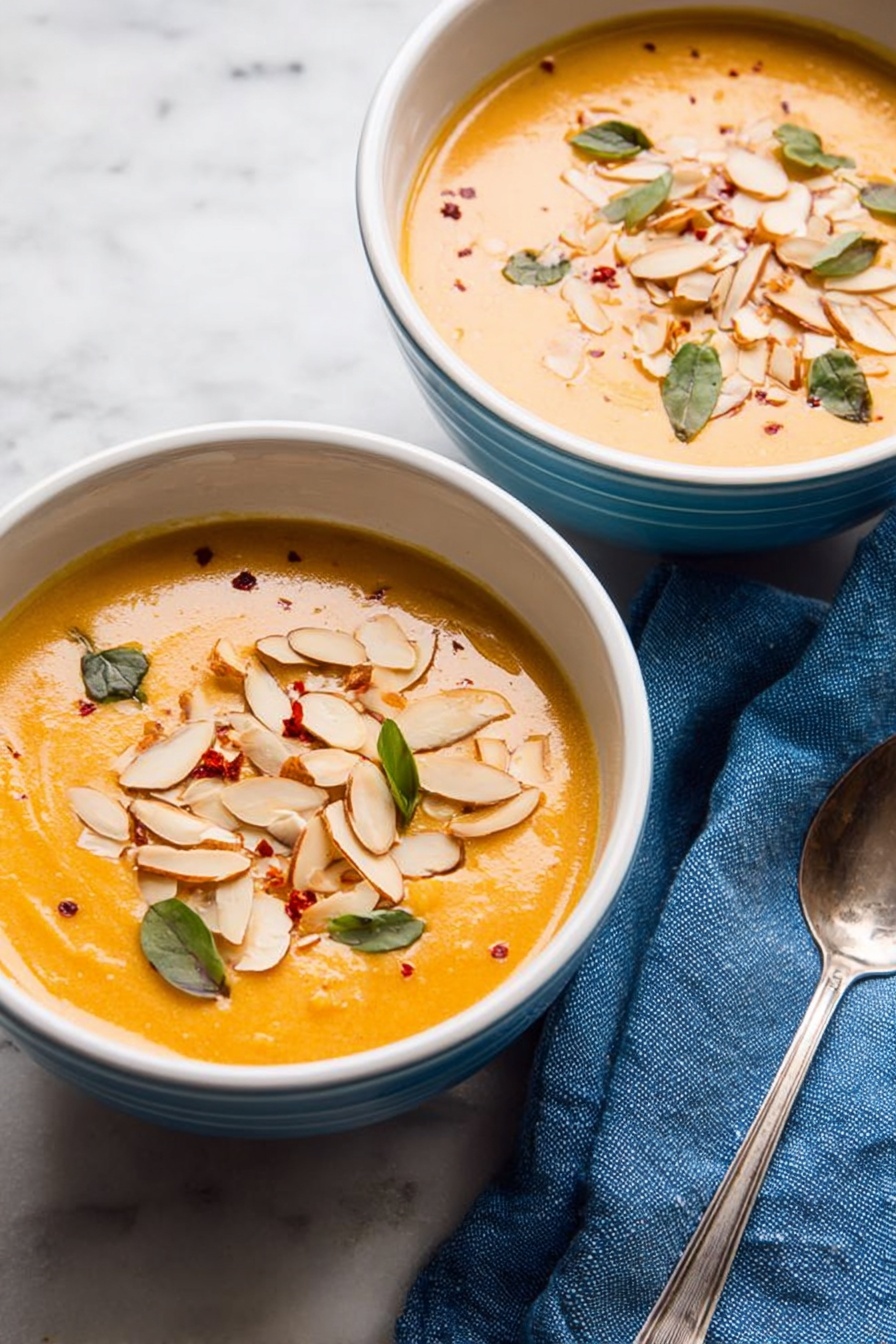 Two white bowls filled with smooth orange soup, each topped with a layer of light brown sliced almonds, scattered small green leaves, and tiny pieces of red chili flakes. The soup's texture looks creamy and thick, filling most of each bowl. One bowl is slightly in front and to the right, with a silver spoon inside showing a shiny handle. The bowls sit on a white marbled surface with a blue cloth napkin beside them. The photo taken with an iphone --ar 2:3 --v 7 - Instant Pot Thai Curried Butternut Squash Soup, Thai Butternut Squash Soup, Easy Instant Pot Squash Soup, Healthy Thai Curry Soup, Quick Fall Comfort Soup