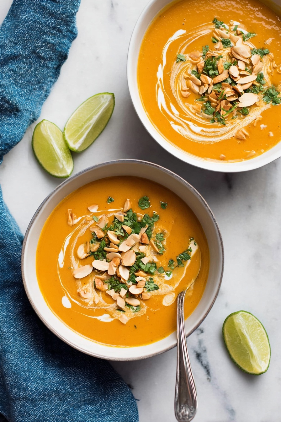 Two white bowls filled with smooth orange soup sit on a white marbled surface. Each bowl has a swirl of white cream in the soup, topped with chopped green herbs and thinly sliced toasted almonds. One bowl has a slice of lime and a silver spoon resting on the edge. Two lime wedges are placed nearby on the surface. A blue linen cloth lies beside the bowls. photo taken with an iphone --ar 2:3 --v 7 - Instant Pot Thai Curried Butternut Squash Soup, Thai Butternut Squash Soup, Easy Instant Pot Squash Soup, Healthy Thai Curry Soup, Quick Fall Comfort Soup