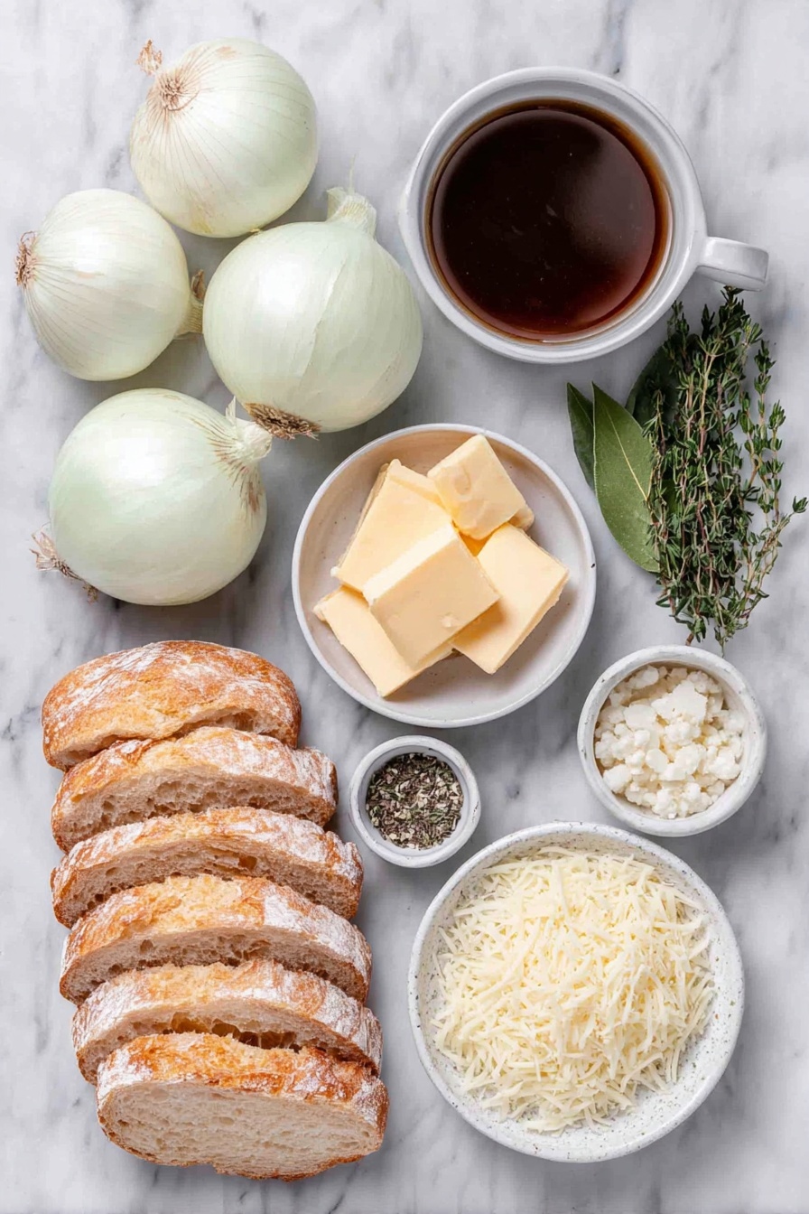 Flat lay of three large white onions, a few pats of fresh butter, a small white bowl filled with rich beef broth, a small white bowl with dark Worcestershire sauce, one peeled garlic clove minced, a small white bowl containing amber dry sherry, four fresh sprigs of thyme, one fresh bay leaf, eight slices of rustic French bread, a small white bowl with shredded Gruyere cheese, a small white bowl with shredded Emmental cheese, and a small white bowl with shredded Parmesan cheese, all arranged symmetrically with perfect balance, placed on a clean white marble surface, soft natural light, photo taken with an iPhone, professional food photography style, fresh ingredients, white ceramic bowls, no bottles, no duplicates, no utensils, no packaging --ar 2:3 --v 7 --p m7354615311229779997 - Crockpot French Onion Soup with Cheese, easy French onion soup, slow cooker onion soup, cheesy onion soup recipe, homemade French onion soup