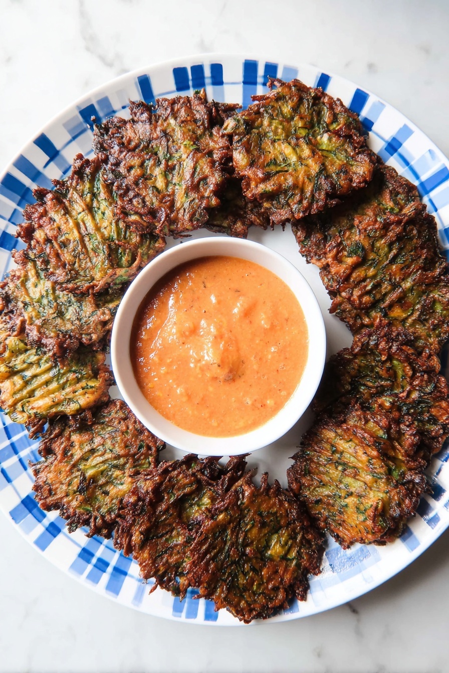 A white plate with blue checkered pattern holds about 18 dark brown and green fritters arranged in a circle around a small white bowl filled with light orange chunky sauce. The fritters have a textured, ribbed surface with some shiny, crisp edges. The plate sits on a white marbled surface. photo taken with an iphone --ar 2:3 --v 7 - Baked Brussels Sprouts Latkes, Brussels Sprouts Latkes, healthy latke recipes, baked vegetable fritters, easy Brussels sprouts appetizer