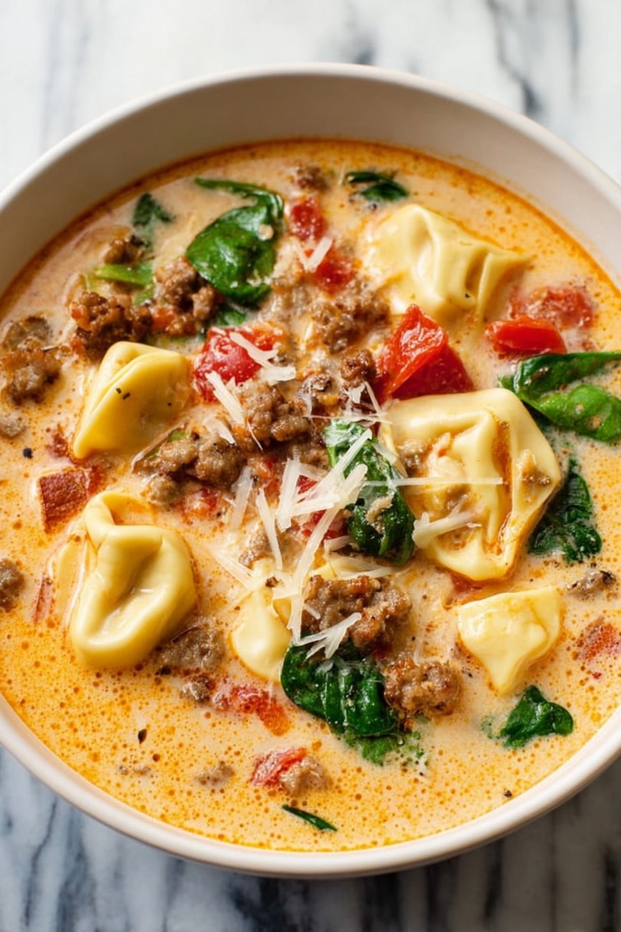 A close-up view inside a black pot filled with creamy soup showing three main layers: the creamy orange broth with specks of herbs and oil droplets forms the base layer; scattered chunks of light brown sausage, green spinach leaves, and red tomato pieces sit floating inside the soup as the middle layer; the top layer shows white tortellini pasta pieces with soft, curved shapes partially submerged and covered by the creamy broth. A silver ladle lifts a mix of these ingredients, focusing on a cluster of tortellini, sausage, spinach, and tomato. The background is a white marbled texture. Photo taken with an iphone --ar 2:3 --v 7 - Creamy Italian Sausage Tortellini Soup, Italian sausage tortellini soup, hearty creamy pasta soup, easy Italian sausage soup, cozy weeknight soup