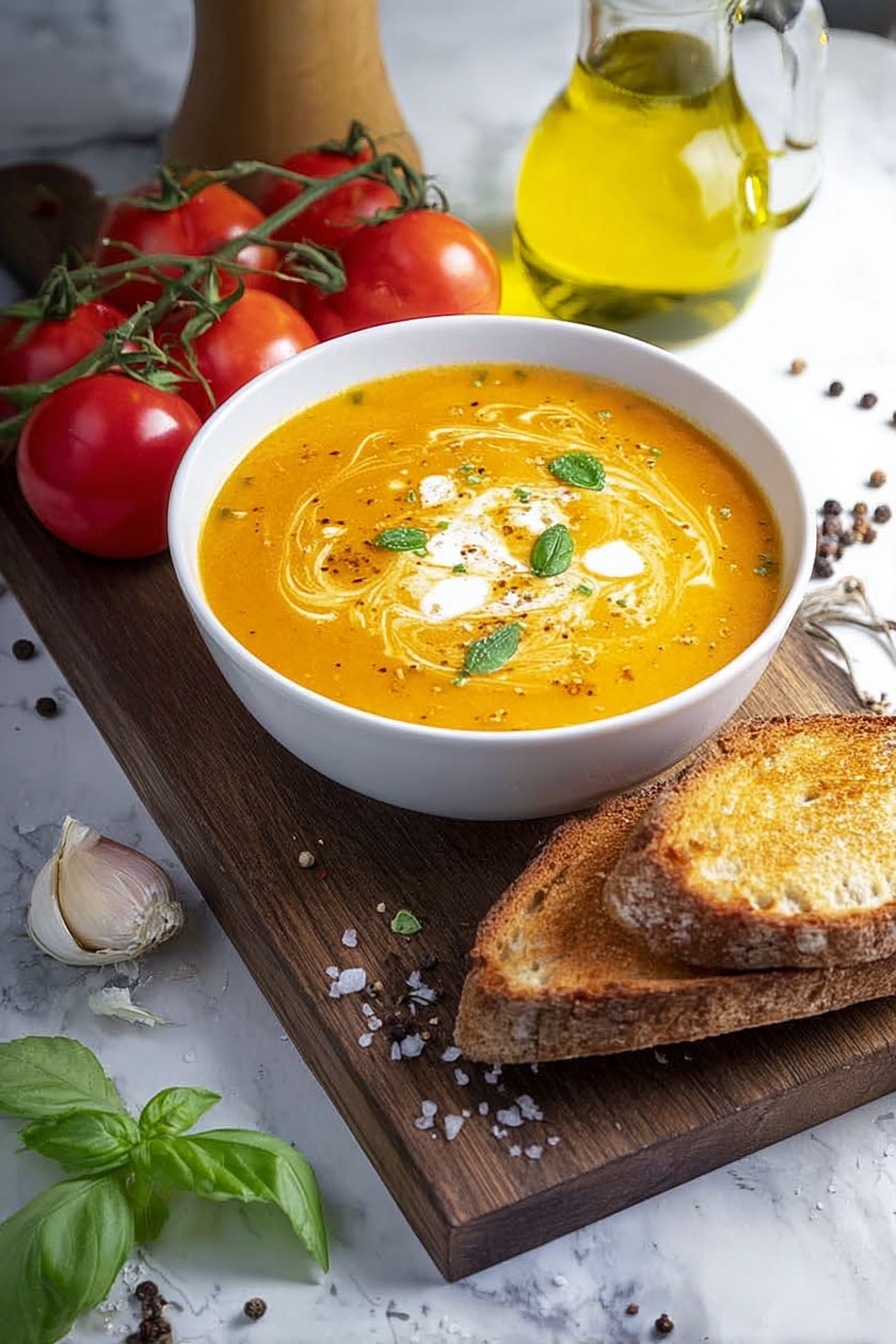 A white bowl filled with three layers of creamy orange soup, topped with swirls of white cream and small green herb pieces scattered on top. The bowl sits on a wooden tray with a silver spoon on the right side and a small round piece of toasted brown bread behind it. On the left side, there is a bunch of red cherry tomatoes on the vine with some loose peppercorns and salt crystals scattered on a white marbled surface. Fresh green basil leaves and a peeled garlic clove are placed near the bowl, and a glass of golden olive oil is seen in the upper right corner. photo taken with an iphone --ar 2:3 --v 7 - Roasted Tomato Soup with Basil and Cream, roasted tomato soup, creamy tomato basil soup, easy roasted tomato soup, comforting tomato soup