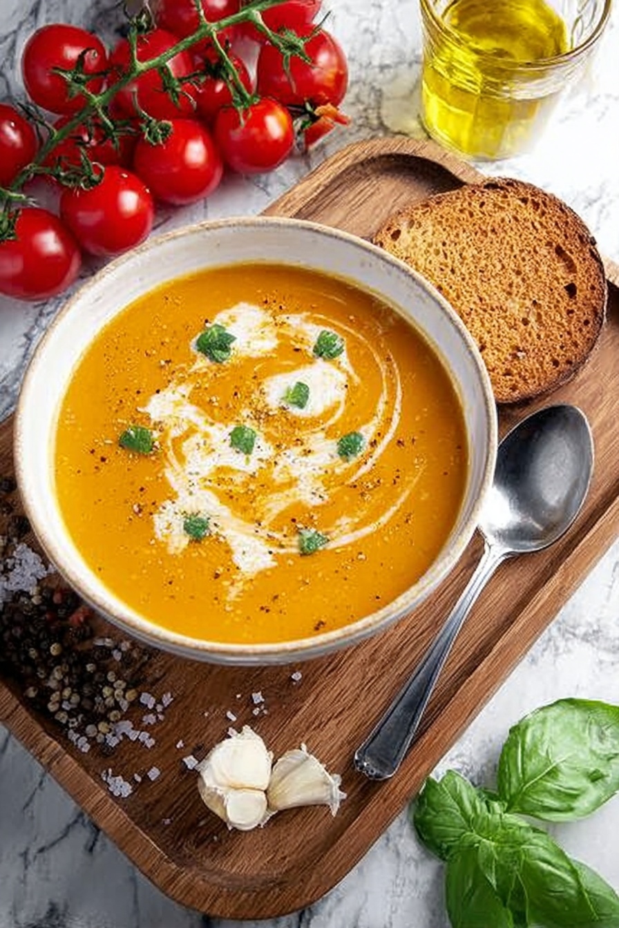 A woman's hand is holding a toasted thick slice of bread with a golden-brown crispy crust and airy white inside, dipping it into a bowl of creamy orange soup with visible herbs floating on the surface. The bowl is white and sits on a wooden board next to fresh red tomatoes and green basil leaves. In the background, there is a glass container with yellow olive oil, all placed on a white marbled surface. photo taken with an iphone --ar 2:3 --v 7 - Roasted Tomato Soup with Basil and Cream, roasted tomato soup, creamy tomato basil soup, easy roasted tomato soup, comforting tomato soup