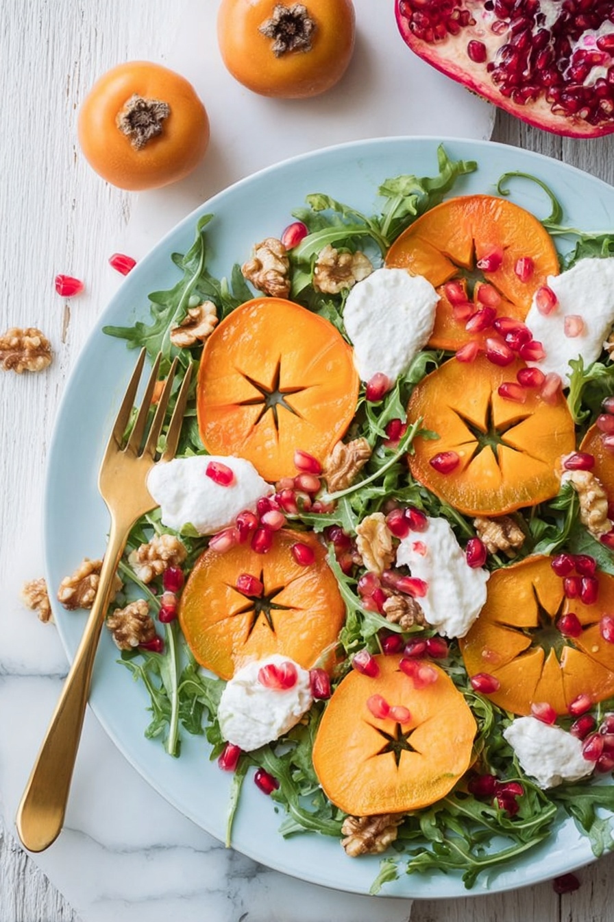 An oval white plate holds a salad with several layers. The base layer is green leafy salad, scattered with brown walnuts and bright red pomegranate seeds. On top, there are many flat, round orange slices of persimmon, each showing a star-like pattern in the center. White dollops of creamy cheese are placed evenly over the salad, creating a soft contrast against the orange and green. The plate sits on a white marbled surface with a mustard-yellow checkered cloth folded nearby, along with whole and halved persimmons and pomegranates. A golden salad serving fork rests on the edge of the plate, and a white pepper mill stands in the background. photo taken with an iphone --ar 2:3 --v 7 - Persimmon Burrata Salad with Pomegranate, seasonal fall salad, easy fruit & cheese salad, festive healthy appetizer, quick holiday salad