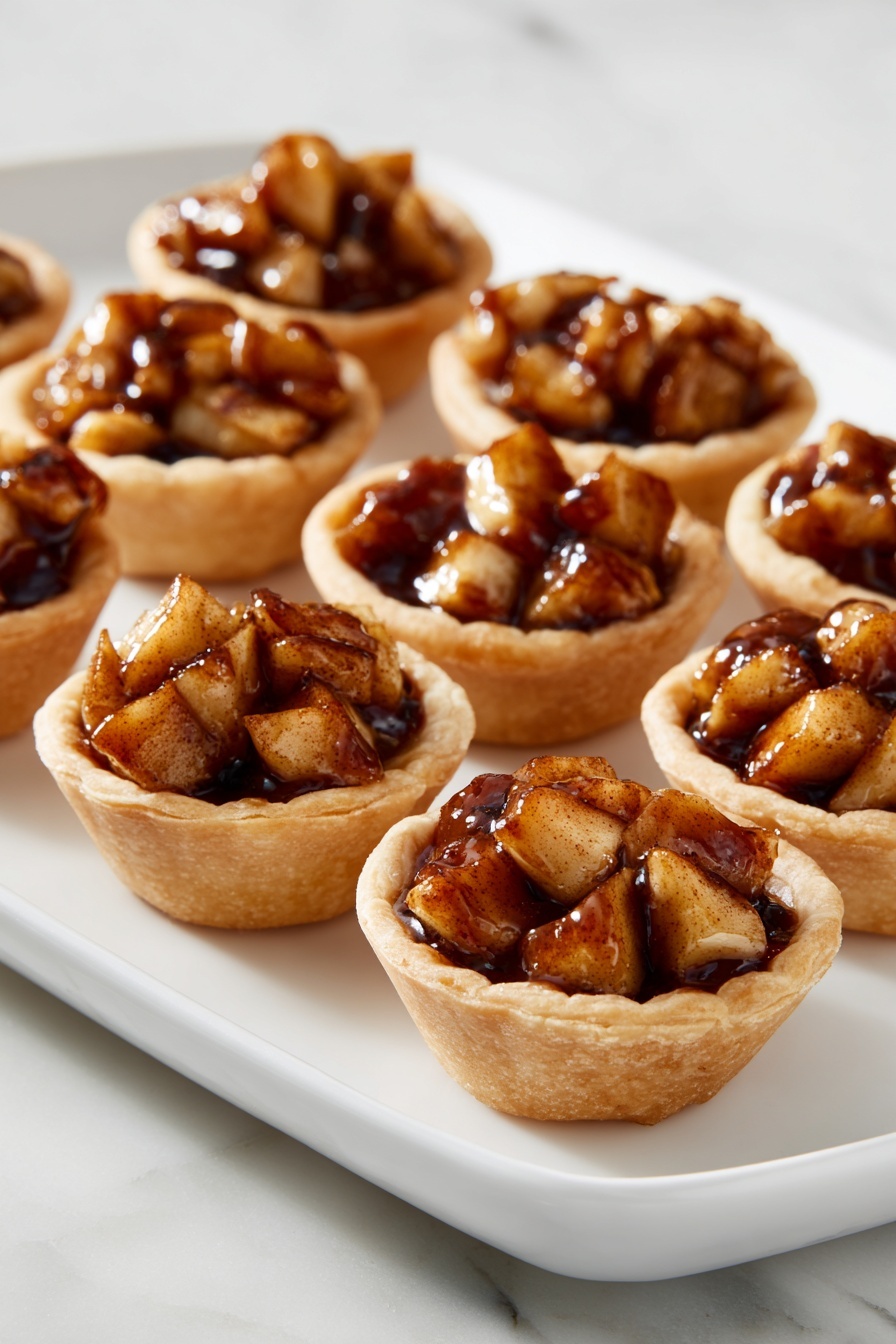 A group of small tarts arranged on a white tray with a smooth finish, each tart featuring a golden-brown pastry crust forming a thick cup shape. Inside the crust are many small, uneven pieces of cooked apple, coated in a shiny, dark caramel-colored sauce with a slightly sticky texture. The apples have a soft but noticeable texture, with some pieces showing light yellow skin and others more deeply browned from cooking, each tart filled to just below the rim. The tray sits on a white marbled surface that reflects soft light, giving a clean and bright look. photo taken with an iphone --ar 2:3 --v 7 - Mini Apple Tart Recipes, apple tart dessert, handheld apple pies, easy apple tart, homemade apple tart