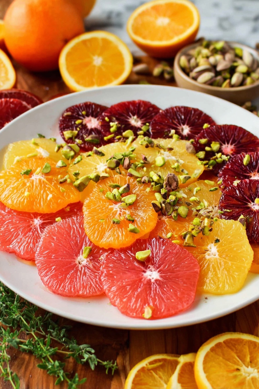 A white plate holds a colorful fruit salad consisting of three layers of citrus slices. The bottom layer is light pink grapefruit segments spread out evenly. The middle layer has bright orange slices arranged on top, and the top layer features deep dark red blood orange slices. Scattered across the fruit are chopped green pistachios adding texture and color contrast. The plate sits on a wooden table with sliced citrus fruits and fresh green herbs around it. The background is a white marbled texture. Photo taken with an iphone --ar 2:3 --v 7 - Spicy Citrus Salad with Pistachios, citrus salad with spice and pistachios, zesty citrus fruit salad, healthy citrus and pistachio salad, spicy citrus salad recipe