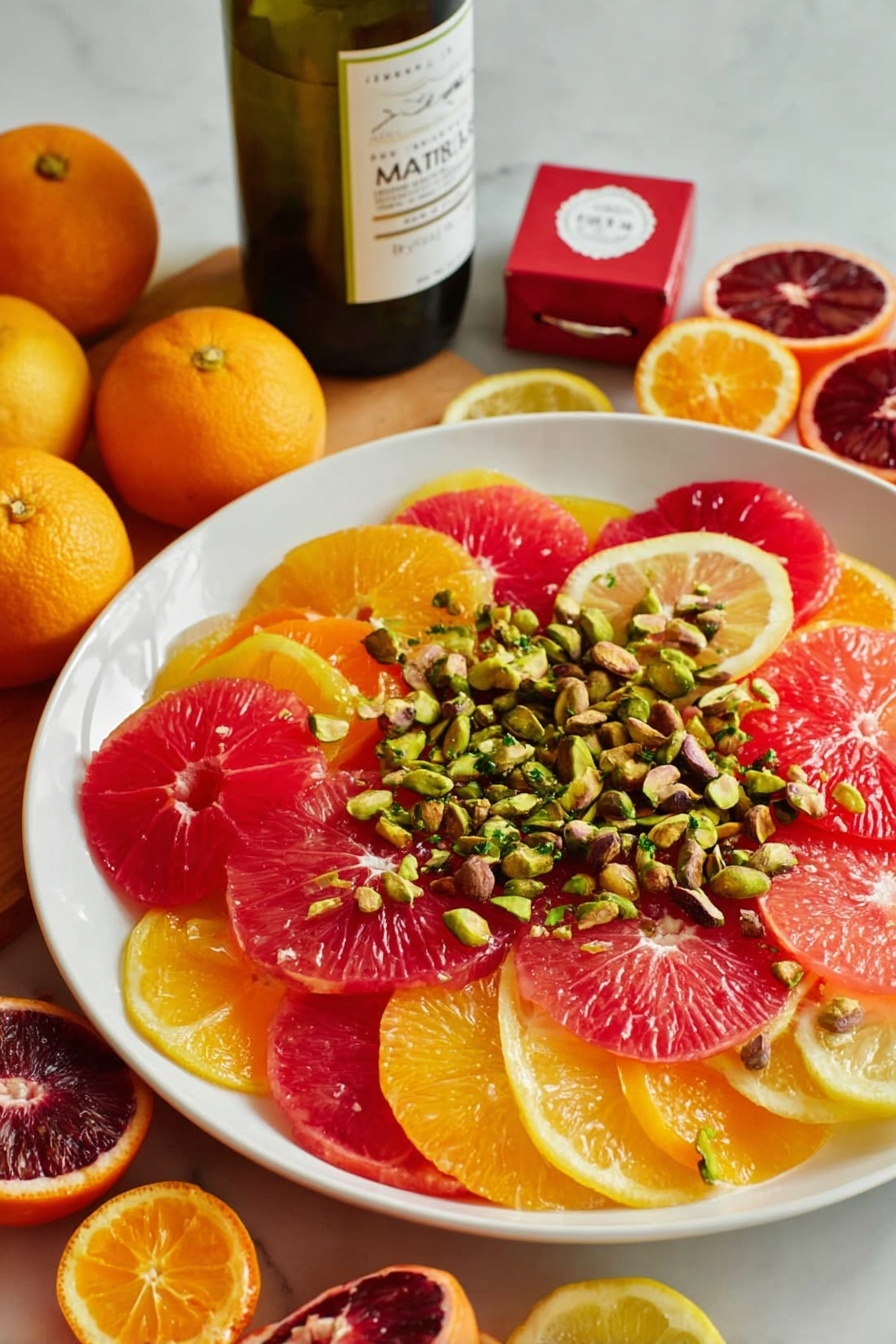 A white plate filled with layers of round citrus slices in bright red, pink, and orange tones, arranged in an overlapping pattern. On top, a generous scattering of green pistachio nuts adds texture and color contrast. Around the plate, halved citrus fruits in shades of red, yellow, and orange create a vibrant background. Behind the plate, a bottle with a white and green label and a small red box are visible, all set on a white marbled surface. Photo taken with an iphone --ar 2:3 --v 7 - Spicy Citrus Salad with Pistachios, citrus salad with spice and pistachios, zesty citrus fruit salad, healthy citrus and pistachio salad, spicy citrus salad recipe