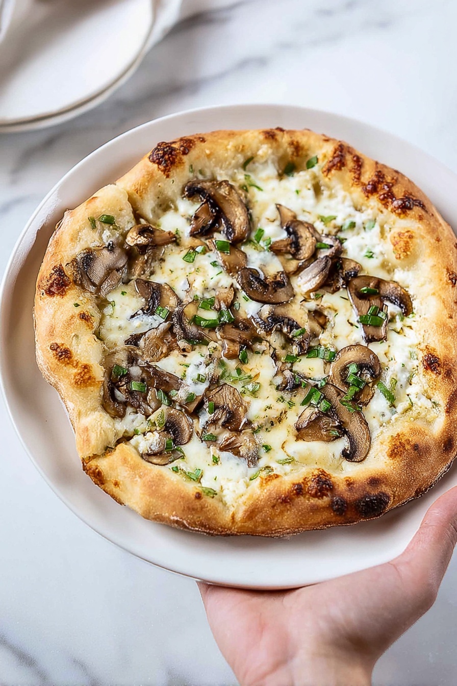 A white plate holds a pizza with a golden-brown crust that is thick and puffy around the edges. The top layer is melted white cheese, unevenly spread with some bubbly spots. Sliced brown mushrooms are scattered across the cheese, showing a cooked, soft texture with light sear marks. Small green herb pieces are sprinkled over the pizza, adding fresh color contrast. A woman's hand holds the plate from the right side. The background is a white marbled texture. Photo taken with an iphone --ar 2:3 --v 7 - Mushroom and Herb Pizza, mushroom and herb pizza recipe, gourmet mushroom pizza, easy mushroom herb pizza, fresh herb mushroom pizza