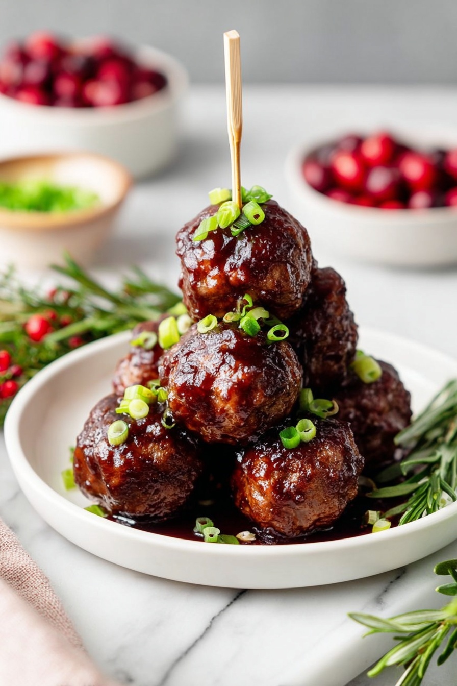 The image shows a white plate stacked with five meatballs covered in dark, shiny sauce, each meatball decorated with small, bright green chopped scallions. Two of the meatballs are pierced with thin wooden sticks sticking straight up. The plate sits on a white marble surface, surrounded by small bowls filled with red cranberries and green scallions, and a bunch of fresh rosemary with red berries on the side. The background is softly blurred, keeping the focus on the rich texture and color of the meatballs. photo taken with an iphone --ar 2:3 --v 7 - Cranberry BBQ Turkey Meatballs, easy festive meatballs, holiday appetizer recipes, cranberry sauce meatballs, savory turkey meatball ideas