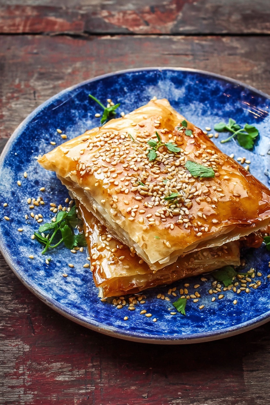 Two golden brown folded layers of thin crispy pastry sit on a white plate with a deep blue pattern. The top layer is sprinkled with crunchy light brown sesame seeds and small fresh green herb leaves scattered around and on the pastry. A glossy honey-like glaze shines on the surface, adding a sticky texture. The plate rests on a rough dark wooden surface with a rustic look. The light catches the sesame seeds and glaze, making the food look fresh and inviting. photo taken with an iphone --ar 2:3 --v 7 - Baked Feta with Honey and Phyllo, baked feta appetizer, honey and feta dip, flaky phyllo feta, sweet and savory feta dish