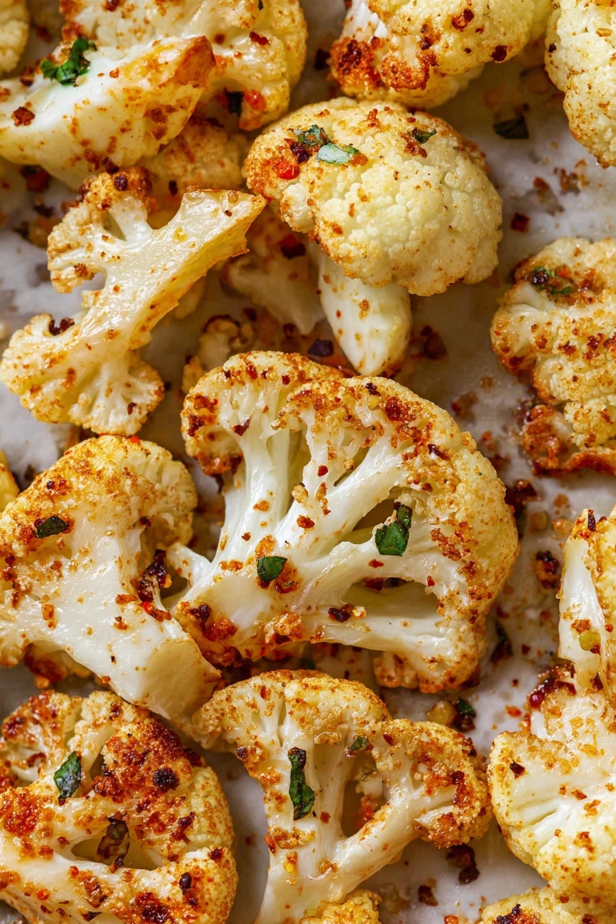 The image shows close-up roasted cauliflower pieces on a white marbled surface. The cauliflower pieces are cut into medium-sized florets with a mix of creamy white and lightly browned textures from roasting. They are sprinkled with reddish spices and small green herbs, with a slight oily shine suggesting seasoning. The edges of the cauliflower are slightly charred and crispy, adding a textured contrast to the soft inner parts. photo taken with an iphone --ar 2:3 --v 7 - Oven Roasted Cauliflower, roasted cauliflower side dish, easy vegetable recipes, healthy roasted cauliflower, flavorful cauliflower recipes
