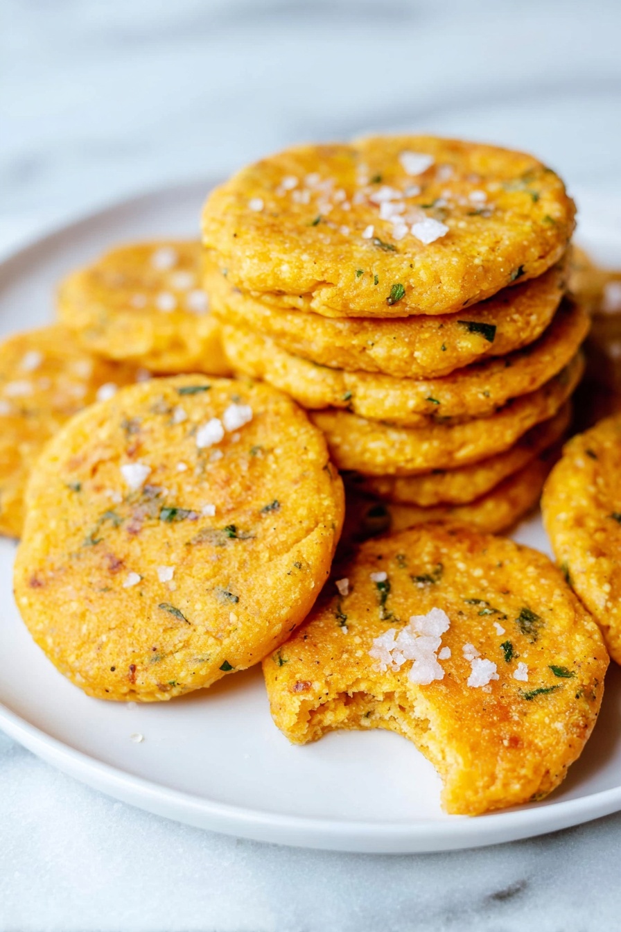 A white plate holds a stack of round, golden yellow patties with small green herb bits visible throughout. Each patty has a rough, slightly crumbly texture and is topped with coarse white salt flakes that catch the light. One patty in the front has a small bite taken out, revealing a consistent texture inside. The plate is set on a white marbled surface that adds a soft, elegant backdrop to the warm colors of the patties. photo taken with an iphone --ar 2:3 --v 7 - Chipotle Cheddar Crackers, spicy cheddar cracker recipe, smoky jalapeño crackers, easy savory snack, homemade cheese crackers