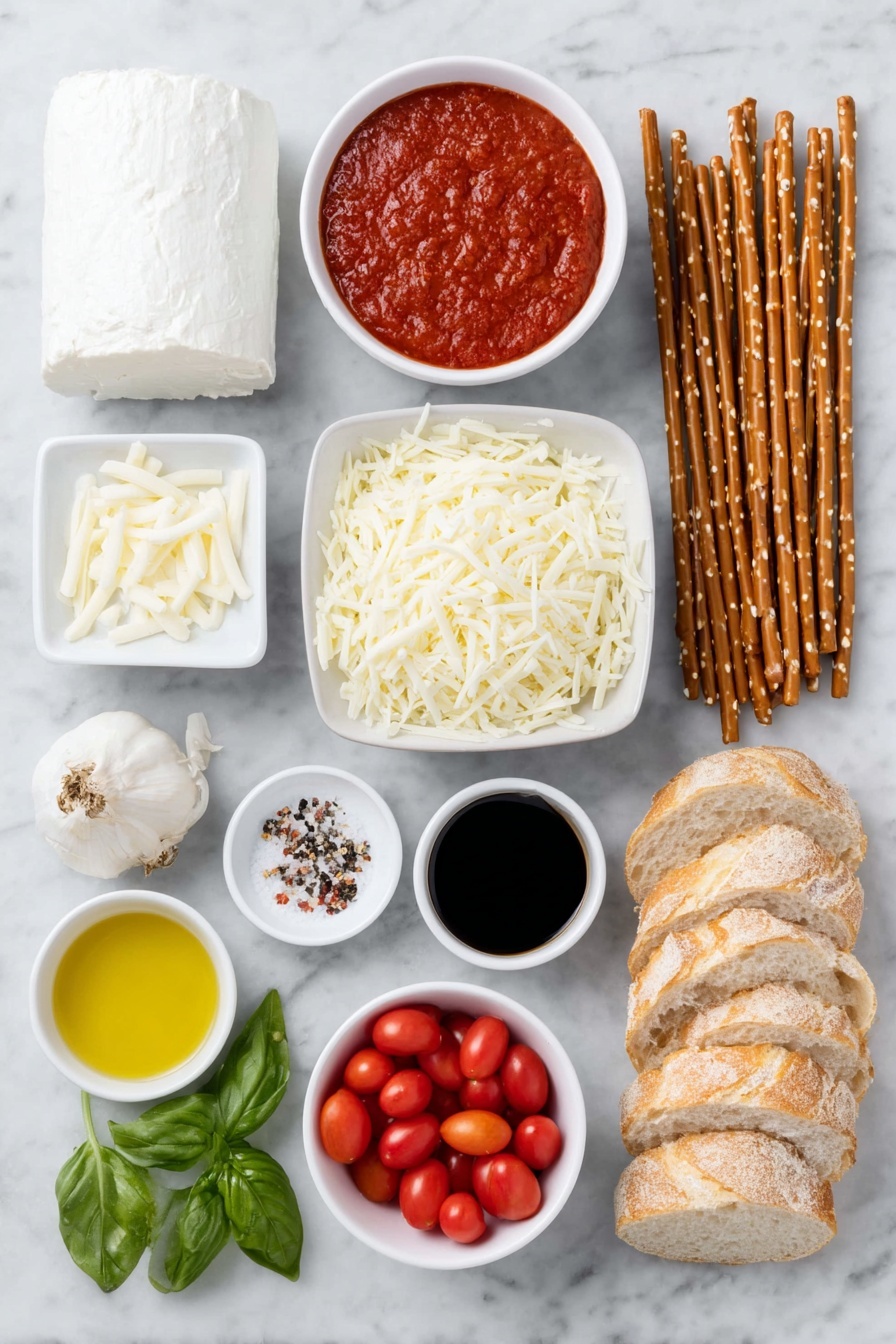 Flat lay of a small log of plain goat cheese, a small mound of shredded mozzarella cheese, a small mound of shredded asiago cheese, a wedge of cream cheese, a small white bowl filled with rich red marinara sauce, a small white bowl of coarse sea salt, a small white bowl of freshly ground black pepper, two cloves of garlic peeled and whole, a small white bowl of dark balsamic vinegar, a simple handful of bright red cherry tomatoes, a small white bowl of golden olive oil, a few fresh green basil leaves, a pinch of crushed red pepper flakes scattered, several slices of rustic crusty bread arranged neatly, a handful of bright orange carrot sticks, some raw green broccoli florets, crisp pale green celery sticks, and a few long pretzel rods, all placed on a clean white marble surface, soft natural light, photo taken with an iPhone, professional food photography style, fresh ingredients, white ceramic bowls, no bottles, no duplicates, no utensils, no packaging --ar 2:3 --v 7 --p m7354615311229779997 - Baked Goat Cheese Dip with Cherry Tomatoes, baked goat cheese appetizer, cheesy cherry tomato dip, easy goat cheese appetizer, quick baked cheese dip
