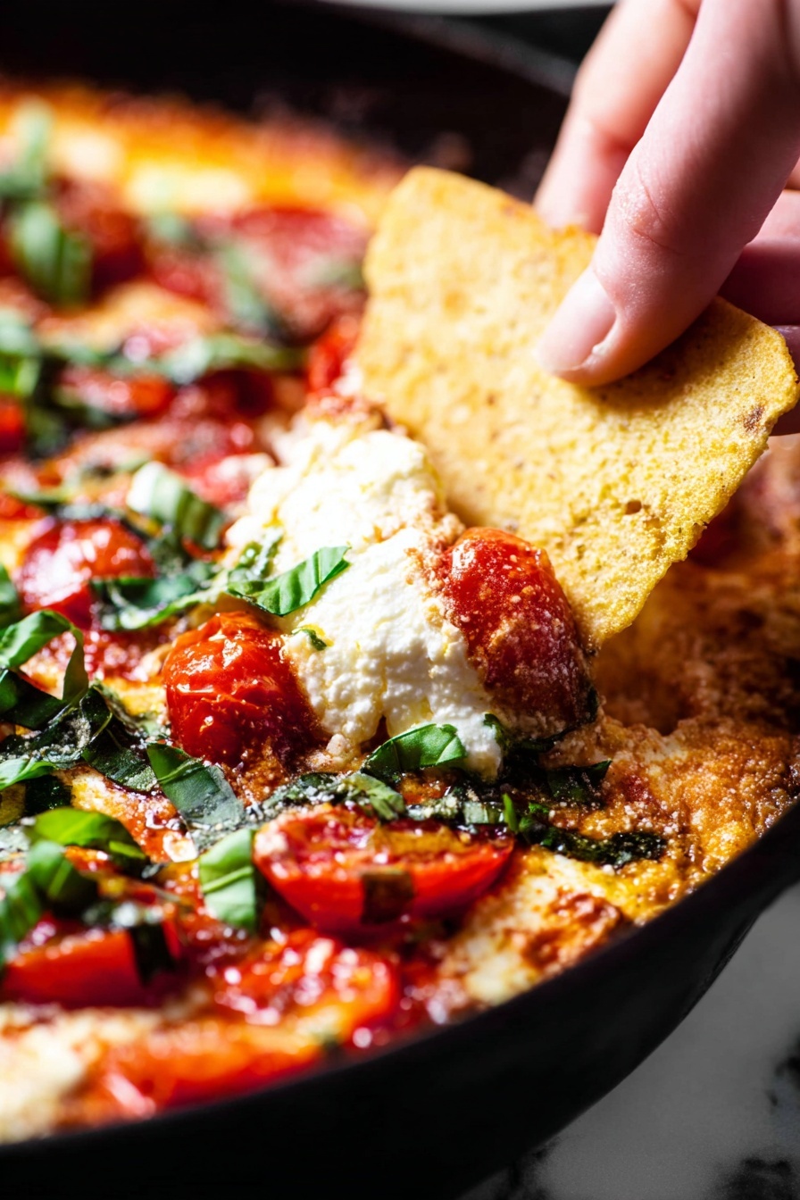 A close-up shows a toasted golden brown triangular chip dipping into a layered dish inside a black pan. The dish has bright red cherry tomatoes and fresh green basil pieces spread on top. A creamy white cheese layer with a smooth, slightly browned texture covers the base, with hints of tomato sauce peeking out around the edges. The white marbled textured surface beneath the pan contrasts softly with the colors. Woman's hand holds the chip gently as it scoops through the dish, pulling up creamy cheese mixed with juicy tomatoes and basil leaves. photo taken with an iphone --ar 2:3 --v 7 - Baked Goat Cheese Dip with Cherry Tomatoes, baked goat cheese appetizer, cheesy cherry tomato dip, easy goat cheese appetizer, quick baked cheese dip