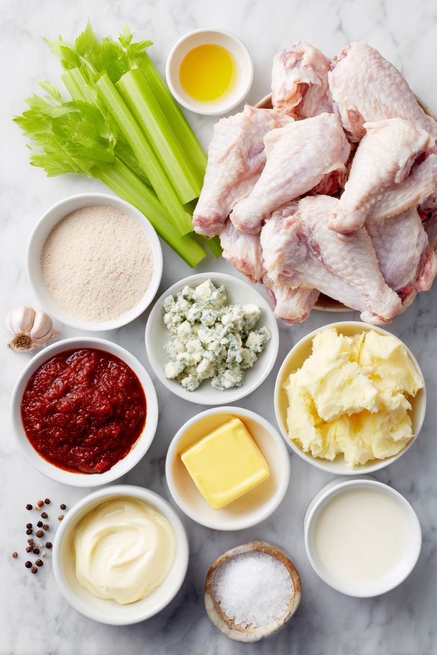 Flat lay of fresh raw chicken wings with wingettes and drumettes arranged neatly, a small mound of light beige baking powder, coarse kosher salt crystals scattered lightly, a few celery sticks with bright green leaves, a small white ceramic bowl of melted golden unsalted butter, another white bowl filled with vibrant red hot sauce, a little heap of rich brown sugar, a white bowl with crumbly pale blue cheese, a small bowl of creamy sour cream, a small bowl of smooth mayonnaise, a single peeled garlic clove, a small white bowl holding fresh milk, a white bowl with clear lemon juice, and some whole black peppercorns, all placed on a clean white marble surface, soft natural light, photo taken with an iPhone, professional food photography style, fresh ingredients, white ceramic bowls, no bottles, no duplicates, no utensils, no packaging --ar 2:3 --v 7 --p m7354615311229779997 - Crispy Oven Baked Buffalo Wings, easy baked buffalo wings, healthy buffalo wings recipe, oven baked chicken wings, crispy buffalo wings