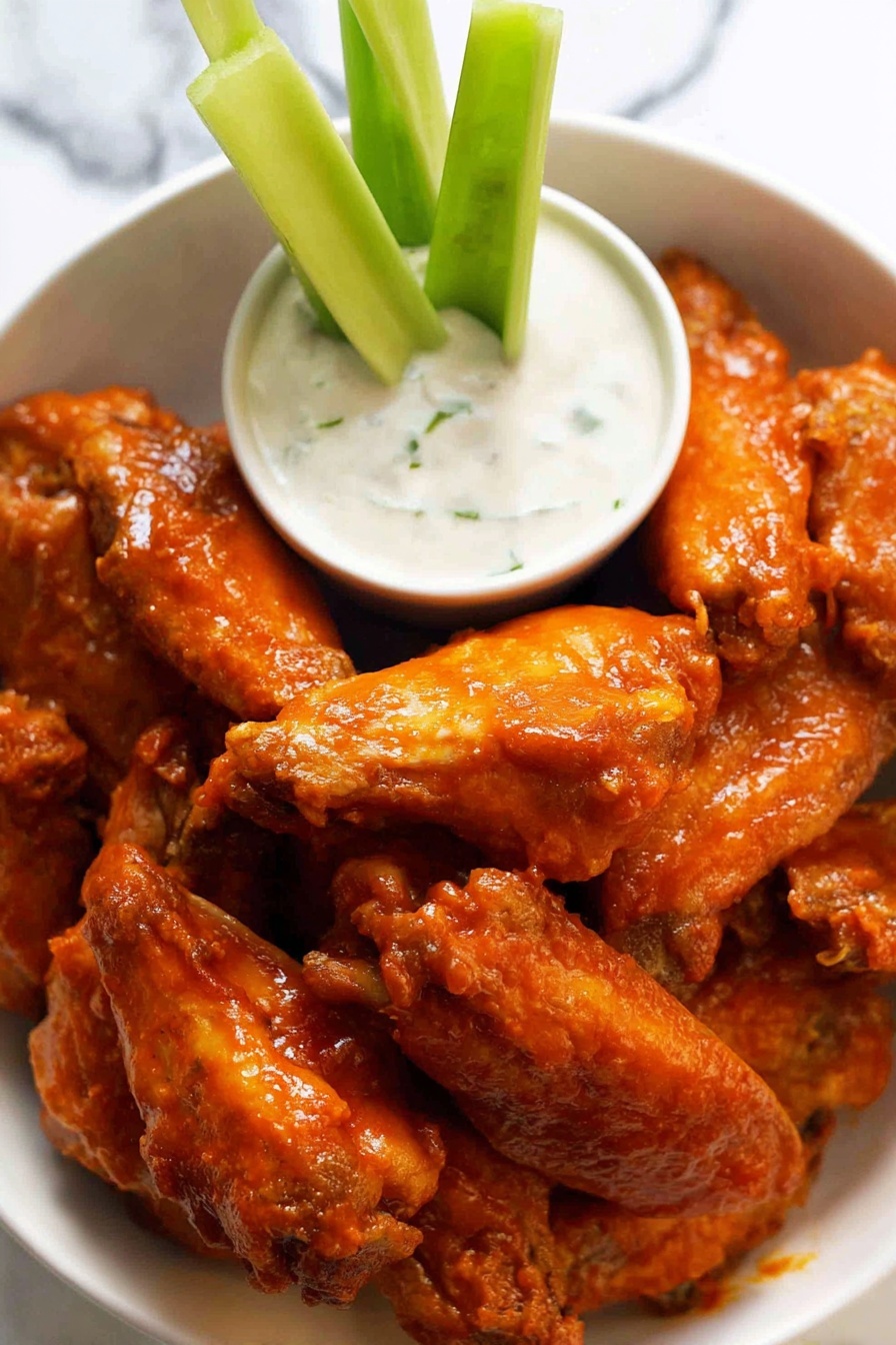 The image shows a white bowl filled with many orange-coated chicken wings stacked closely together, with a glossy texture on the wings showing the sauce. In the middle of the bowl, there is a small white bowl of creamy white dipping sauce topped with three green celery sticks standing upright inside it. The background is a white marbled surface. Photo taken with an iphone --ar 2:3 --v 7 - Crispy Oven Baked Buffalo Wings, easy baked buffalo wings, healthy buffalo wings recipe, oven baked chicken wings, crispy buffalo wings