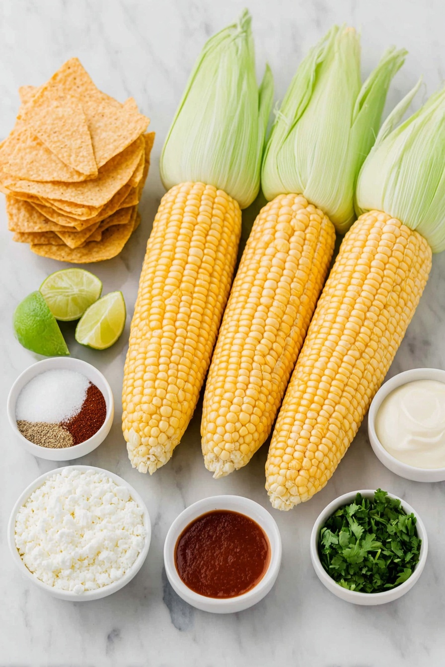 Flat lay of six ears of fresh corn with some kernels visible, a small white bowl of creamy mayonnaise, a small white bowl of golden chicken stock, a small white bowl with bright red Cholula hot sauce, a small white bowl with fresh lime wedges and a small amount of lime juice, a small white bowl containing fine white granulated sugar, a small white bowl of coarse kosher salt, a small white bowl of freshly ground black pepper, a small white bowl with deep red ground chili powder, a small white bowl of chopped fresh green cilantro leaves, a small white bowl of crumbly white Cotija cheese, and a stack of golden crispy tortilla chips arranged neatly, all placed on a clean white marble surface, soft natural light, photo taken with an iPhone, professional food photography style, fresh ingredients, white ceramic bowls, no bottles, no duplicates, no utensils, no packaging --ar 2:3 --v 7 --p m7354615311229779997 - Spicy Mexican Corn Dip, Mexican street corn dip, spicy corn appetizer, creamy Mexican dip, smoky corn dip