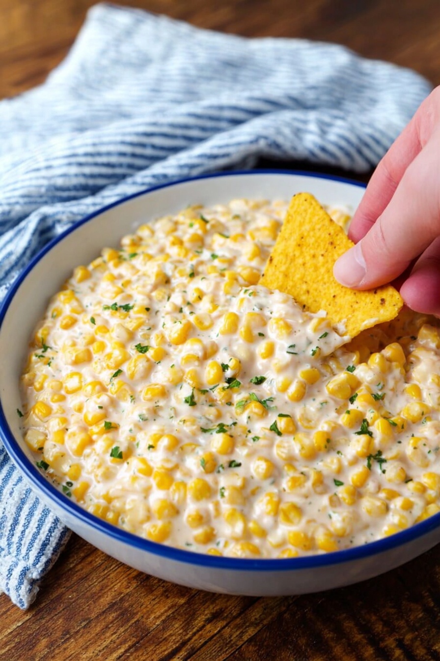 A white bowl filled with creamy corn dip showing a mix of yellow corn kernels and thick white sauce with small bits of green herbs scattered throughout, a woman's hand holding a yellow tortilla chip dipping into the right side of the bowl, the bowl set on a wooden table with a white and blue striped cloth in the background, photo taken with an iphone --ar 2:3 --v 7 - Spicy Mexican Corn Dip, Mexican street corn dip, spicy corn appetizer, creamy Mexican dip, smoky corn dip