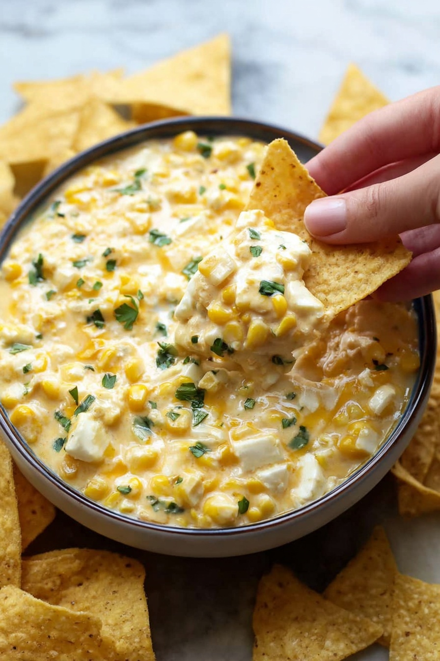A white woman's hand holding a single triangular beige corn chip dipped in creamy yellow corn and cheese dip with small green herb pieces on top. The dip is thick and chunky with visible whole corn kernels and bits of melted cheese. The dip is served in a round white bowl with a dark rim, filled to the top. More corn chips are scattered around the bowl on a white marbled surface. The lighting is natural and bright, showing the dip’s creamy texture and the uneven shapes of the corn kernels photo taken with an iphone --ar 2:3 --v 7 - Spicy Mexican Corn Dip, Mexican street corn dip, spicy corn appetizer, creamy Mexican dip, smoky corn dip