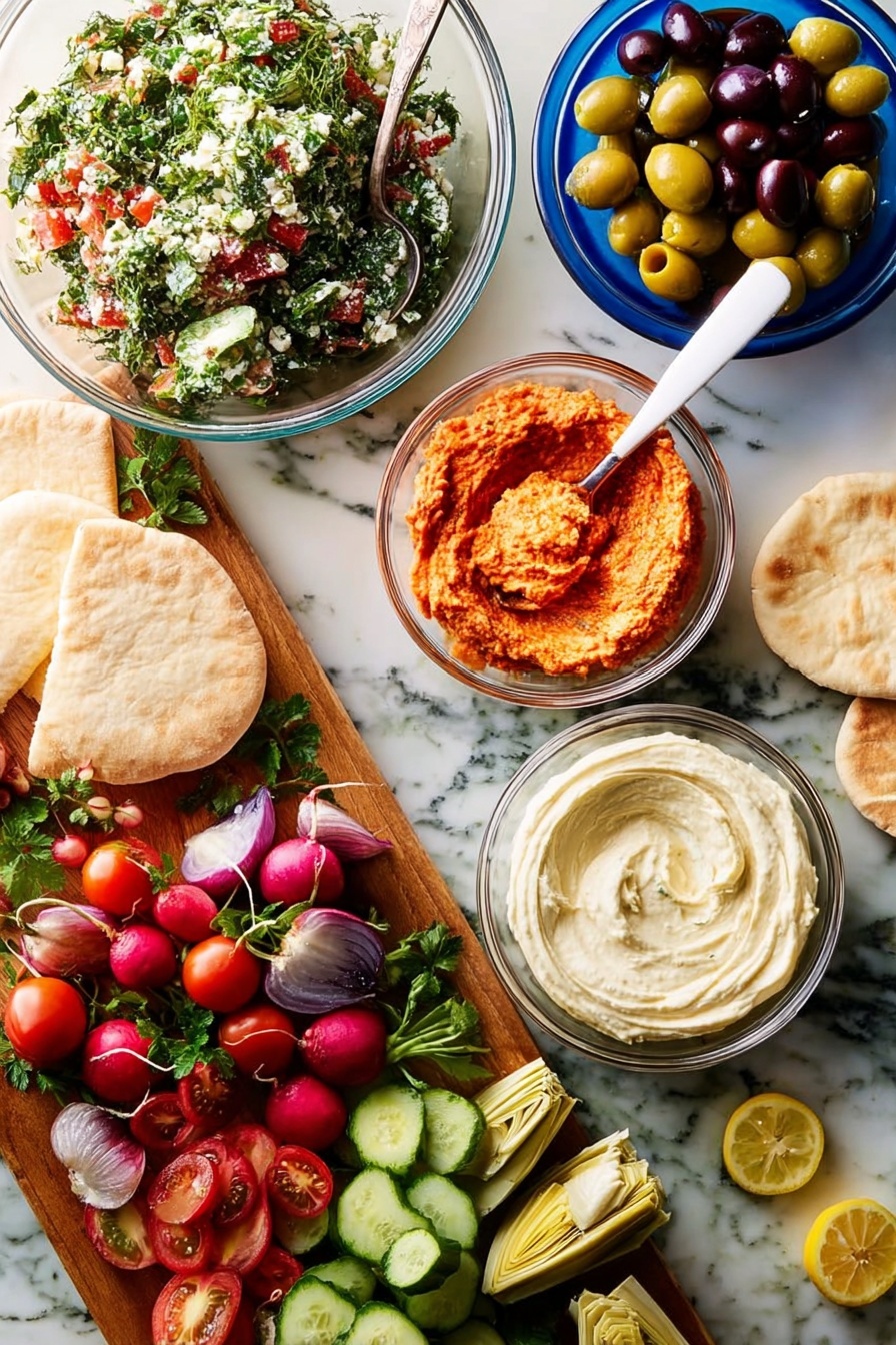 A medium glass bowl at the top left holds a chopped salad with green herbs and red tomato pieces, with a silver spoon inside. To its right, a smaller glass bowl contains red-orange spread with a white spatula resting in it. Above this, a small glass bowl is filled with various olives in green, yellow, and dark purple. Below the spread bowl, another medium glass bowl has a creamy white dip with a smooth, swirled texture. Toward the bottom left, pieces of round pita bread are placed next to a wooden board with vibrant small red and purple tomatoes, pointed green radishes with white tips, green cucumber slices, and pale yellow artichoke quarters. Scattered lemon wedges are visible at the bottom right corner. The entire setup is on a white marbled surface. Photo taken with an iphone --ar 2:3 --v 7 - Middle Eastern Mezze Platter, Middle Eastern appetizer platter, mezze board ideas, Middle Eastern party food, easy mezze platter