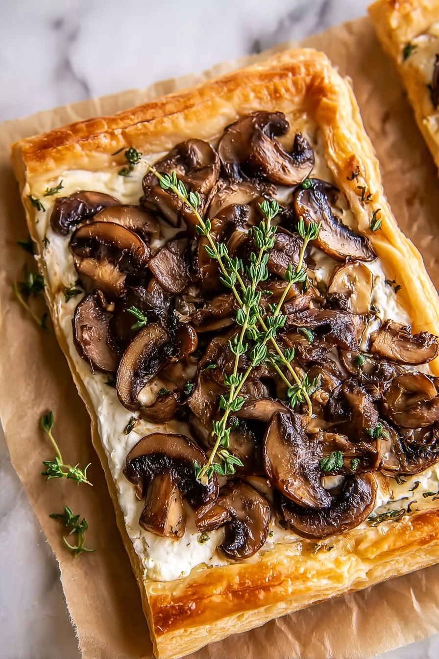 A rectangular puff pastry tart with a golden, flaky crust forms the base layer. On top of the crust is a smooth, creamy white cheese layer that covers the middle part of the tart. The cheese layer is topped with a generous amount of cooked brown mushroom slices with a slightly glossy texture. Two sprigs of fresh green thyme rest on top of the mushrooms, adding a fresh contrast. The tart is placed on parchment paper over a white marbled surface. photo taken with an iphone --ar 2:3 --v 7 - Mushroom & Goat Cheese Puff Pastry Tart, Mushroom Tart with Goat Cheese, Flaky Puff Pastry Mushroom Tart, Easy Mushroom and Goat Cheese Tart, Vegetarian Puff Pastry Tart