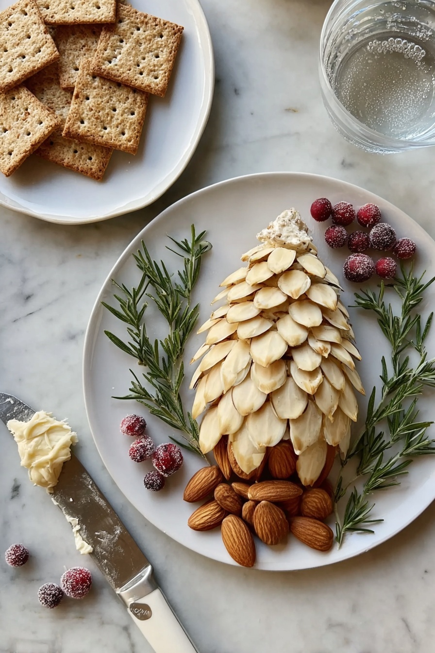 A white plate holds a cheese shaped like a pinecone, covered with thin almond slices in layered rows to mimic pinecone scales, with creamy cheese visible at the base layer. Next to it, whole almonds are neatly placed in a row. Fresh rosemary sprigs with frosted red cranberries decorate the top edge of the plate. Nearby, a smaller white plate has three square crackers, two topped with some creamy cheese and almond slices, and two plain crackers. A single frosted cranberry sits on the small plate’s edge. A knife with a white handle and some cheese on the blade rests on the white marbled surface near the plates. A clear glass of water is partly visible at the top right corner. photo taken with an iphone --ar 2:3 --v 7 - Pinecone Cheese Ball, festive appetizer, holiday cheese ball, cheese ball recipe, pinecone shaped cheese ball
